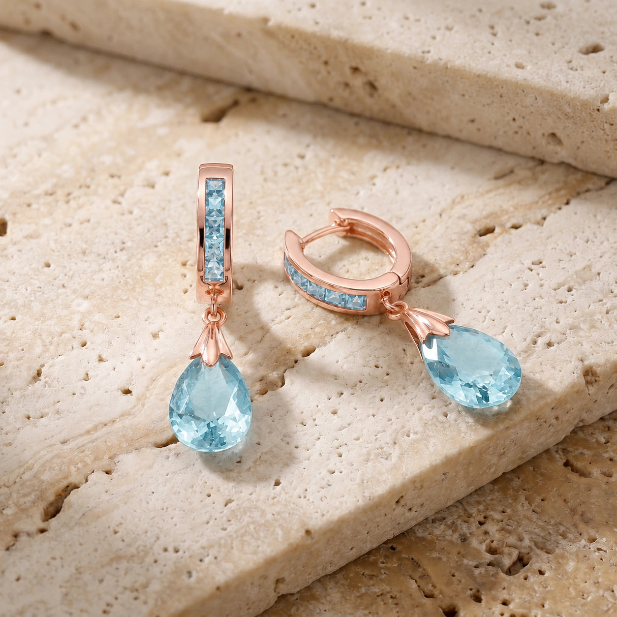Rose Gold Petal Drop Earrings Blue Topaz 10K — Pelagia
