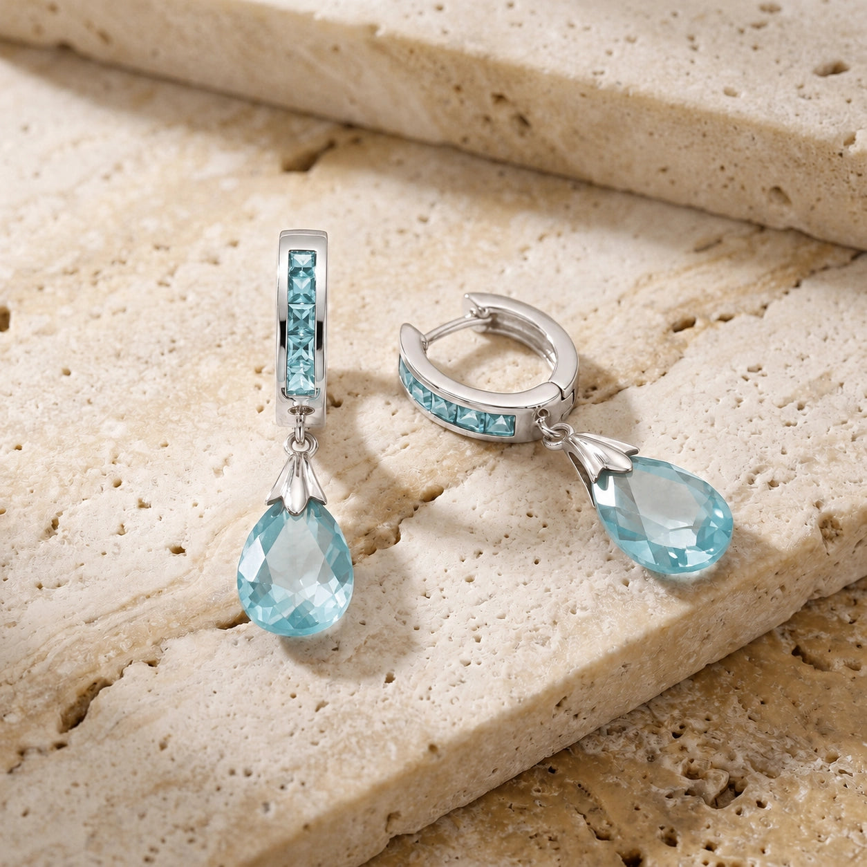 White Gold Petal Drop Earrings Blue Topaz 10K — Pelagia