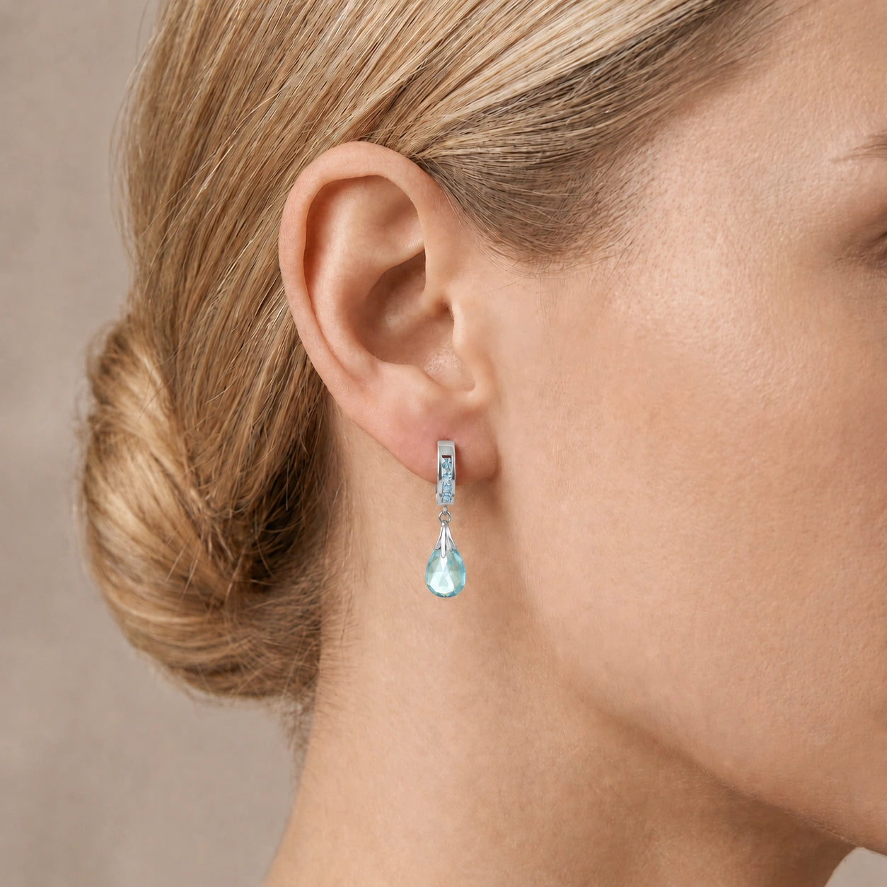 White Gold Petal Drop Earrings Blue Topaz 10K — Pelagia