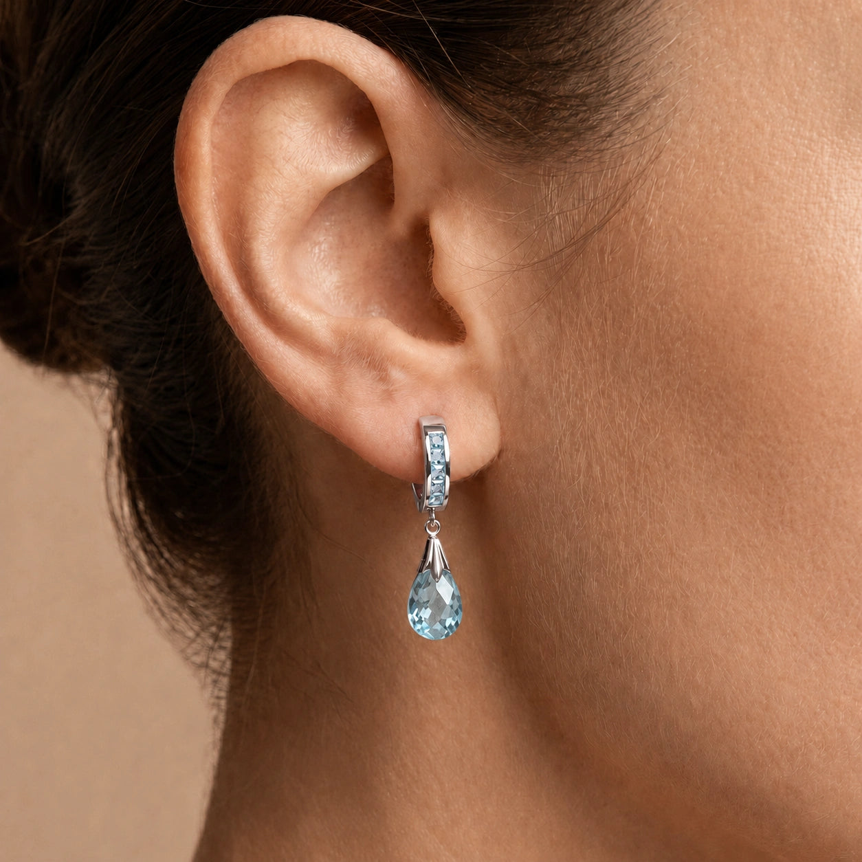 White Gold Petal Drop Earrings Blue Topaz 10K — Pelagia