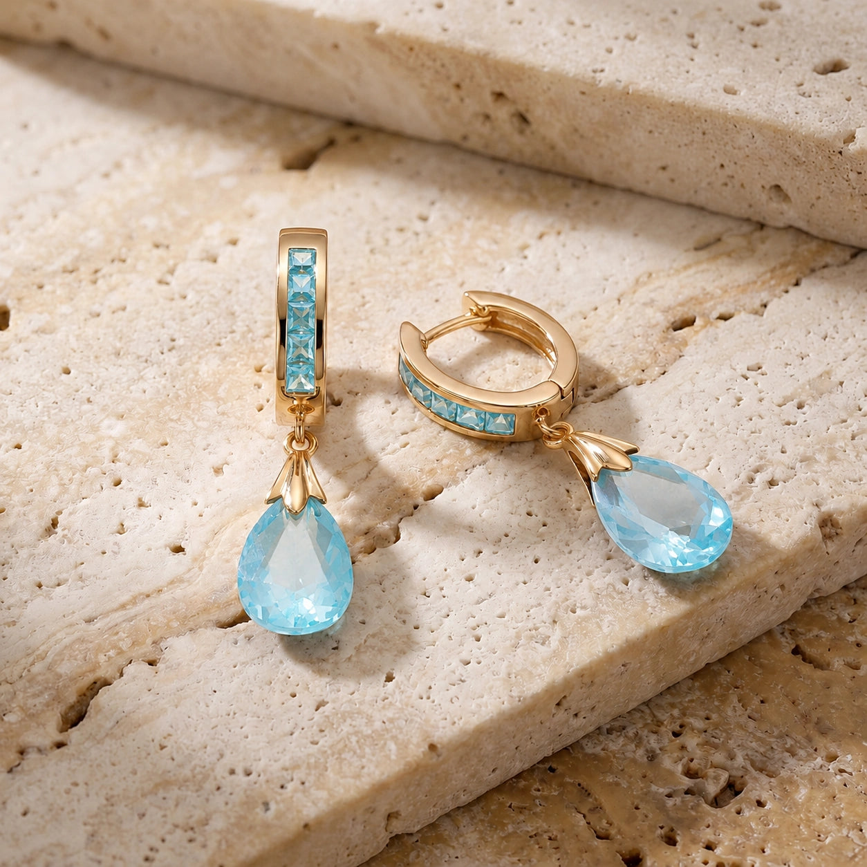 Yellow Gold Petal Drop Earrings Blue Topaz 10K — Pelagia