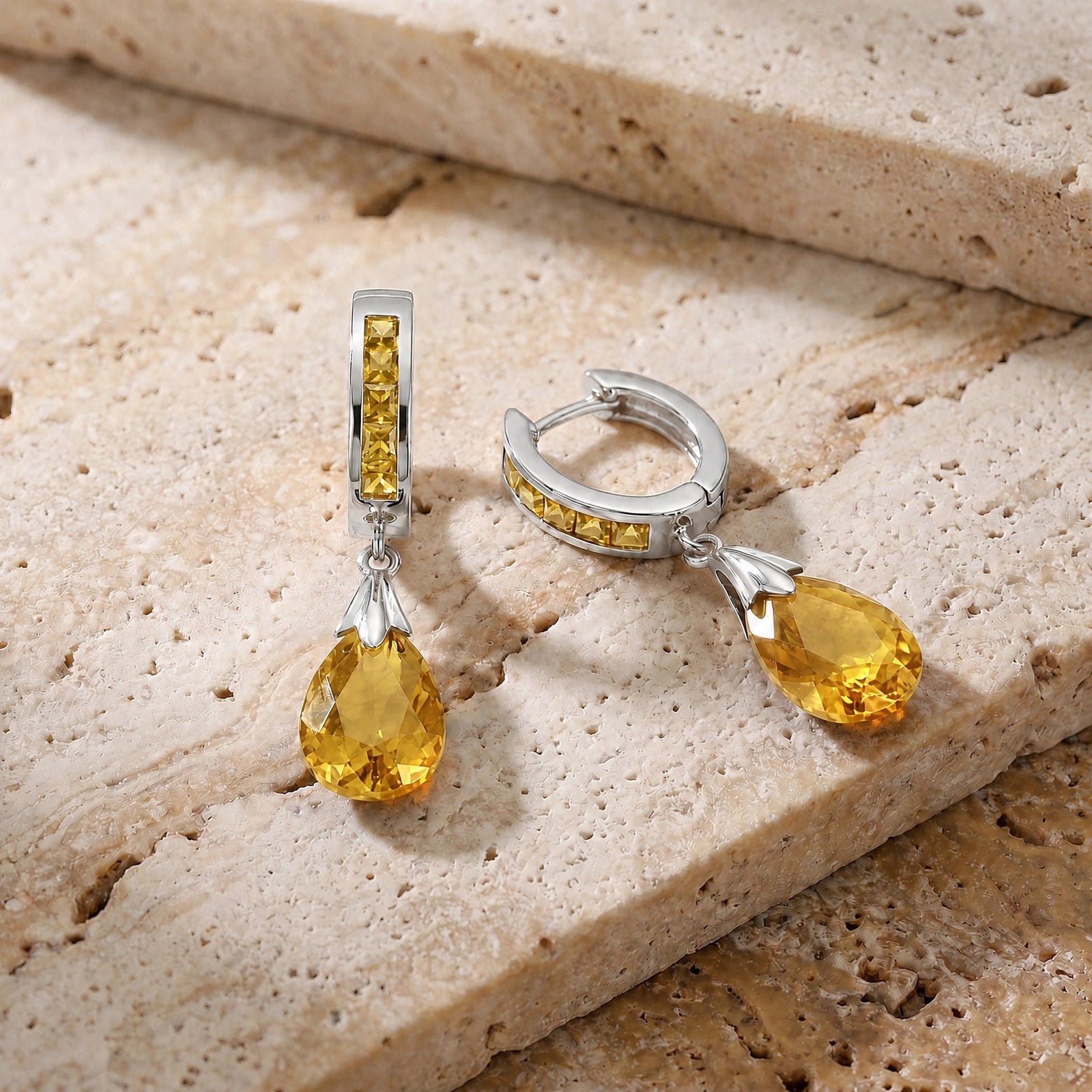 White Gold Petal Drop Earrings Citrine 10K — Pelagia