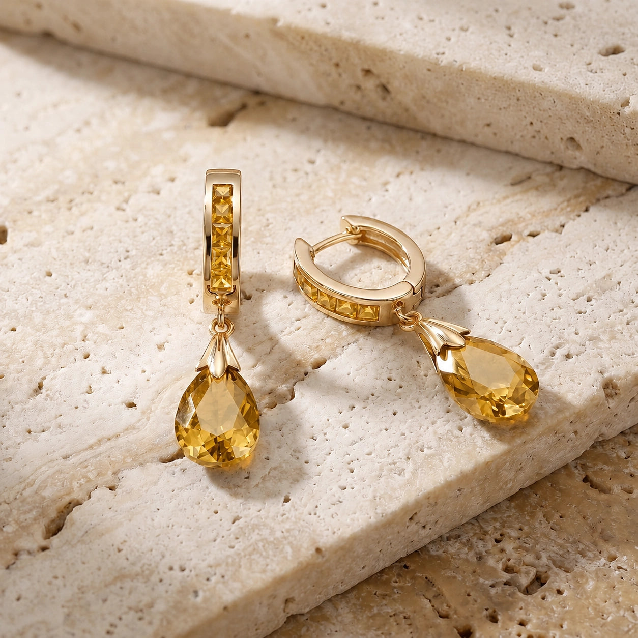 Yellow Gold Petal Drop Earrings Citrine 10K — Pelagia