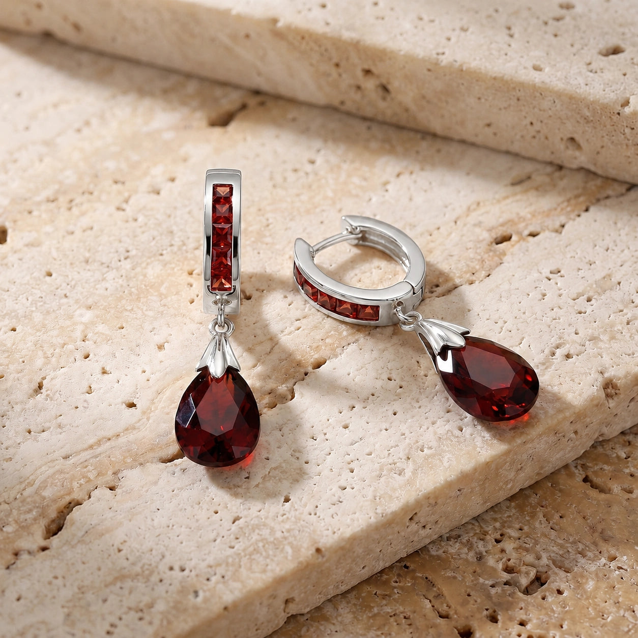 White Gold Petal Drop Earrings Garnet 10K — Pelagia