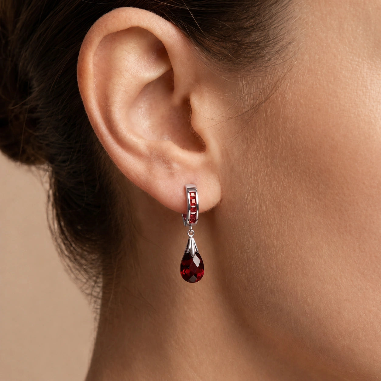 White Gold Petal Drop Earrings Garnet 10K — Pelagia