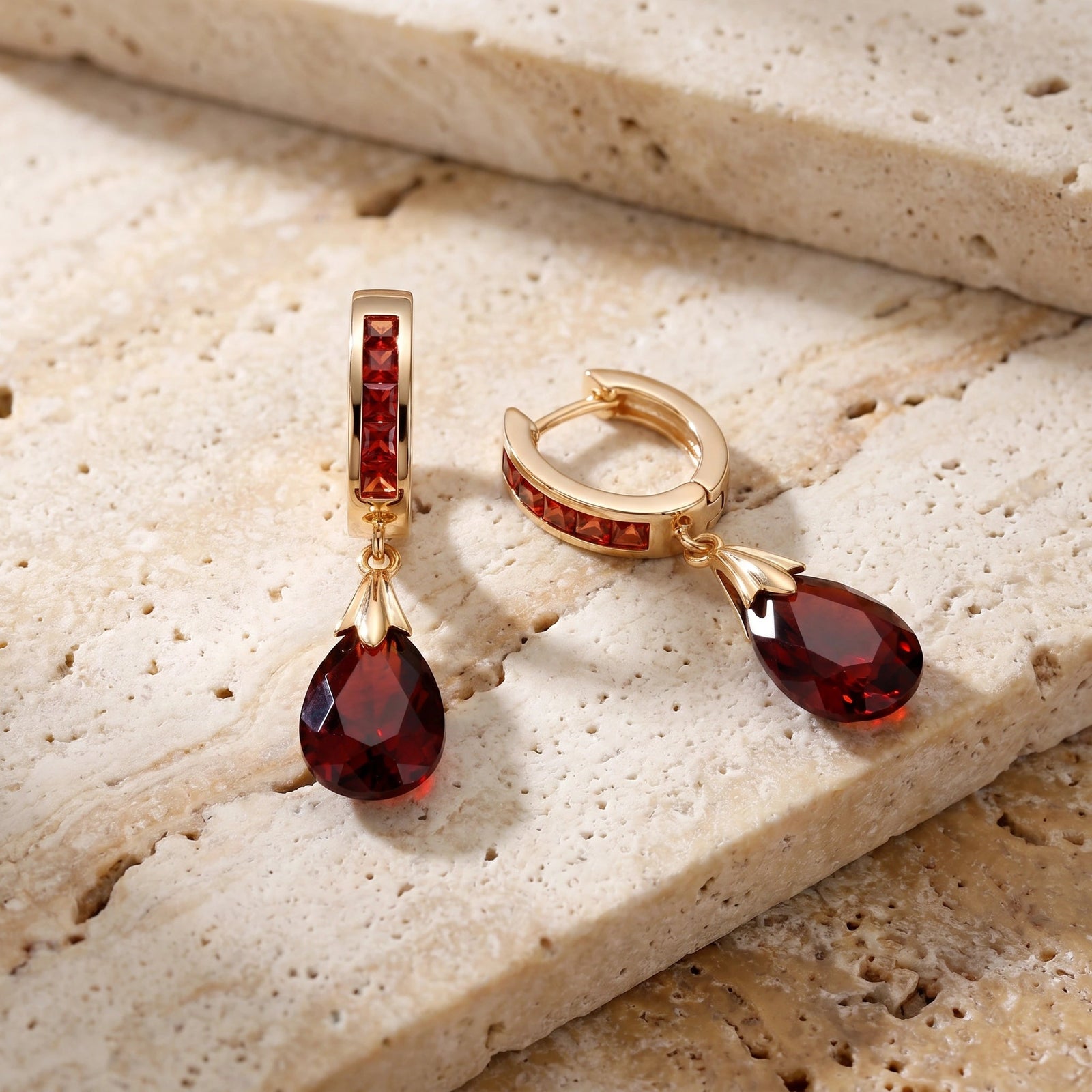 Yellow Gold Petal Drop Earrings Garnet 10K — Pelagia