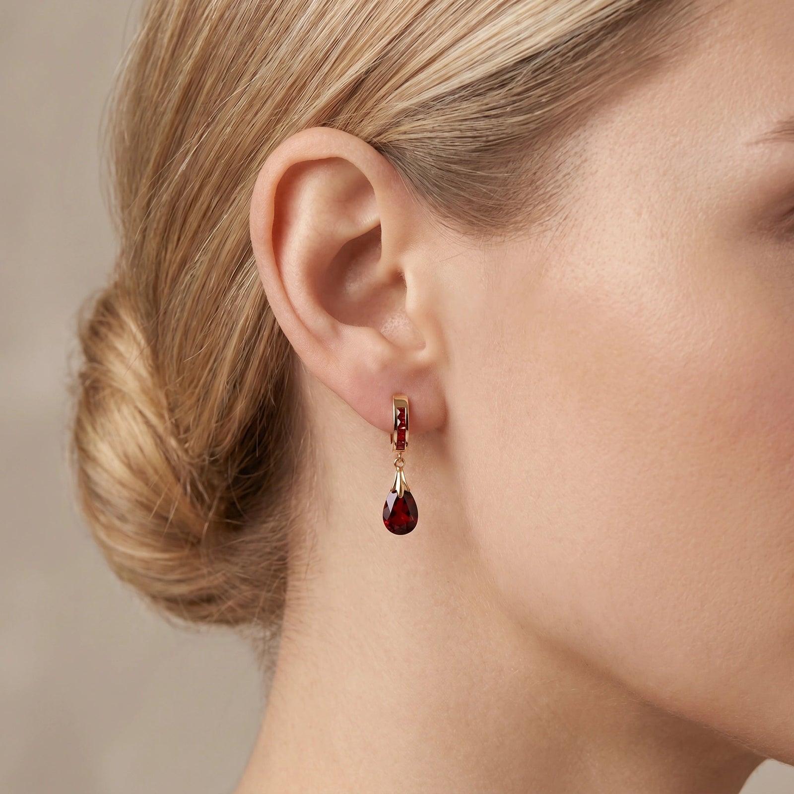 Yellow Gold Petal Drop Earrings Garnet 10K — Pelagia