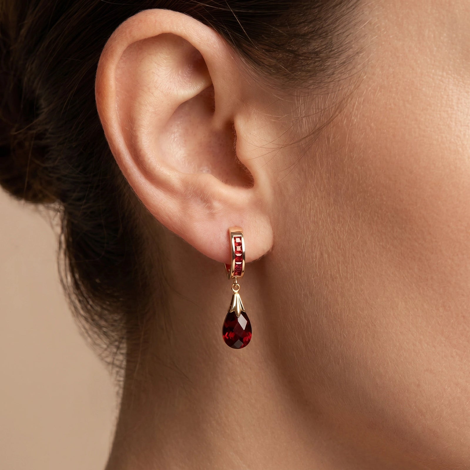 Yellow Gold Petal Drop Earrings Garnet 10K — Pelagia
