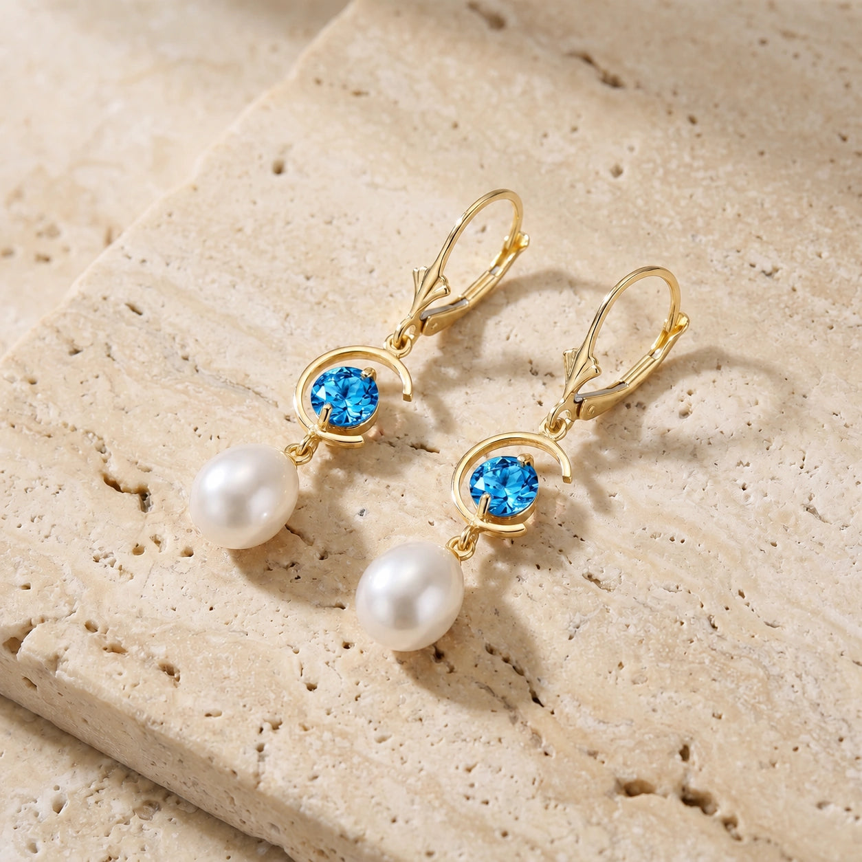Yellow Gold Pearl & Blue Topaz — Mariaarmida