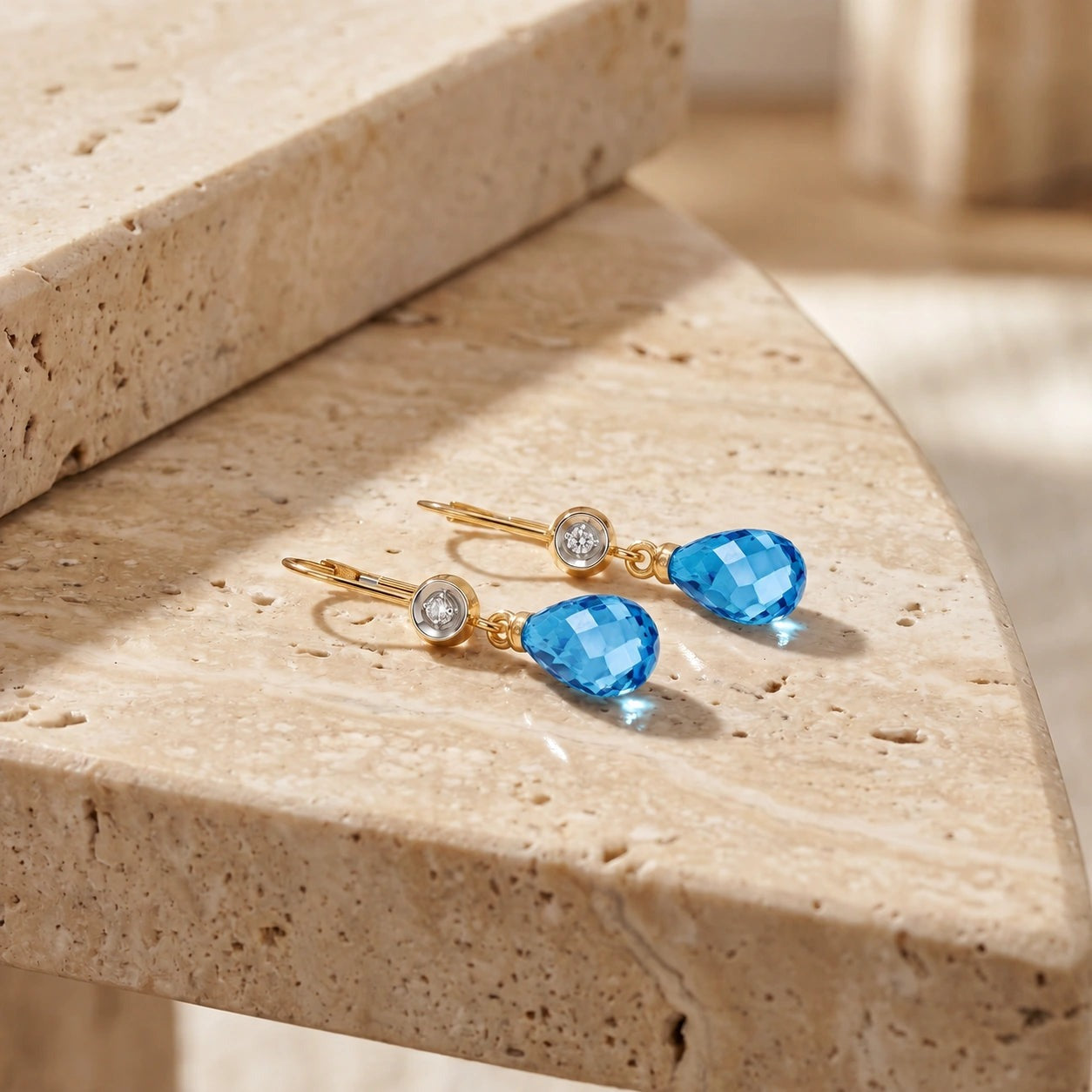 Yellow Gold Earrings Blue Topaz 10K — Giuseppina