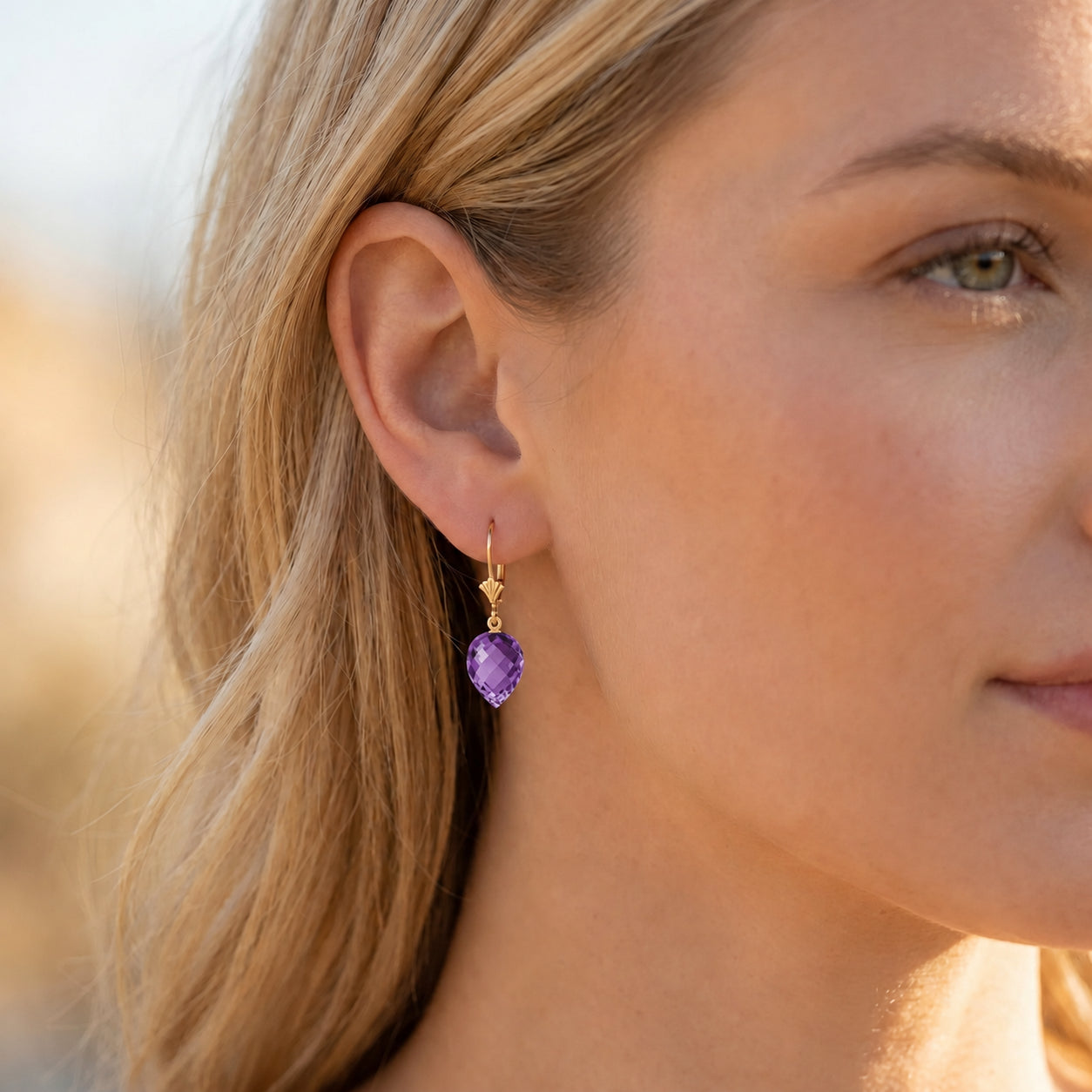 Yellow Gold Earrings Amethyst 10K — Ifigenia