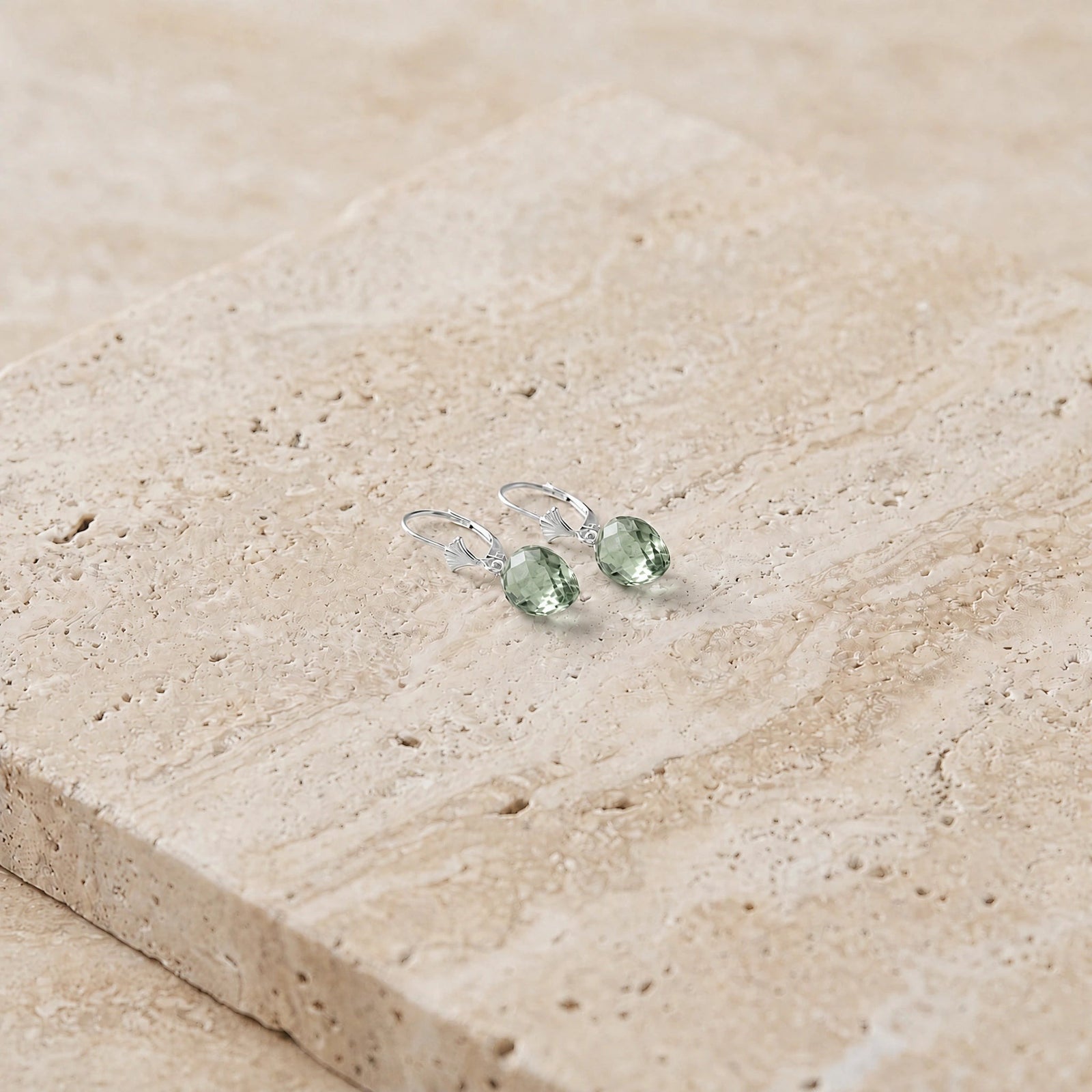 White Gold Earrings Green Amethyst 10K — Ifigenia