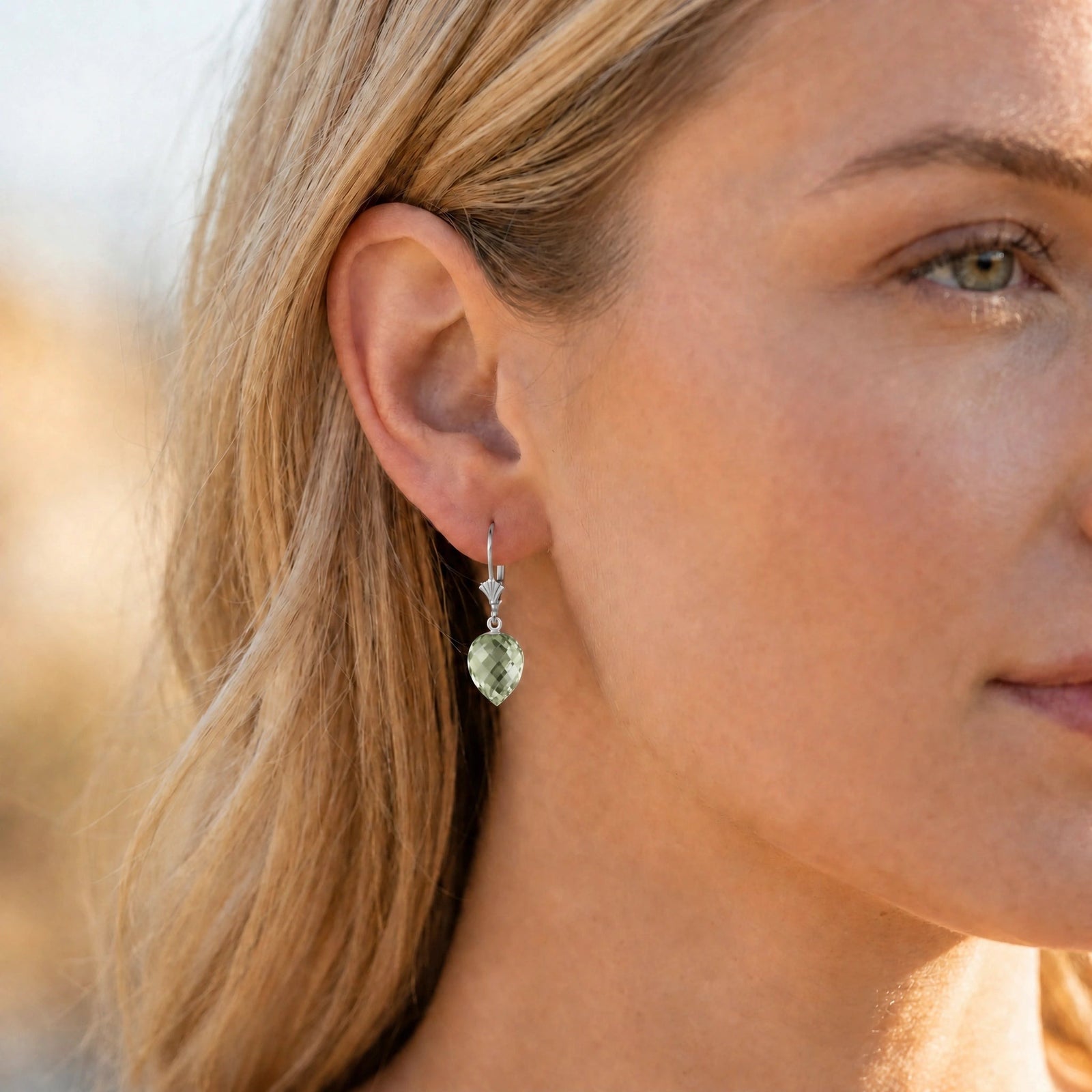 White Gold Earrings Green Amethyst 10K — Ifigenia