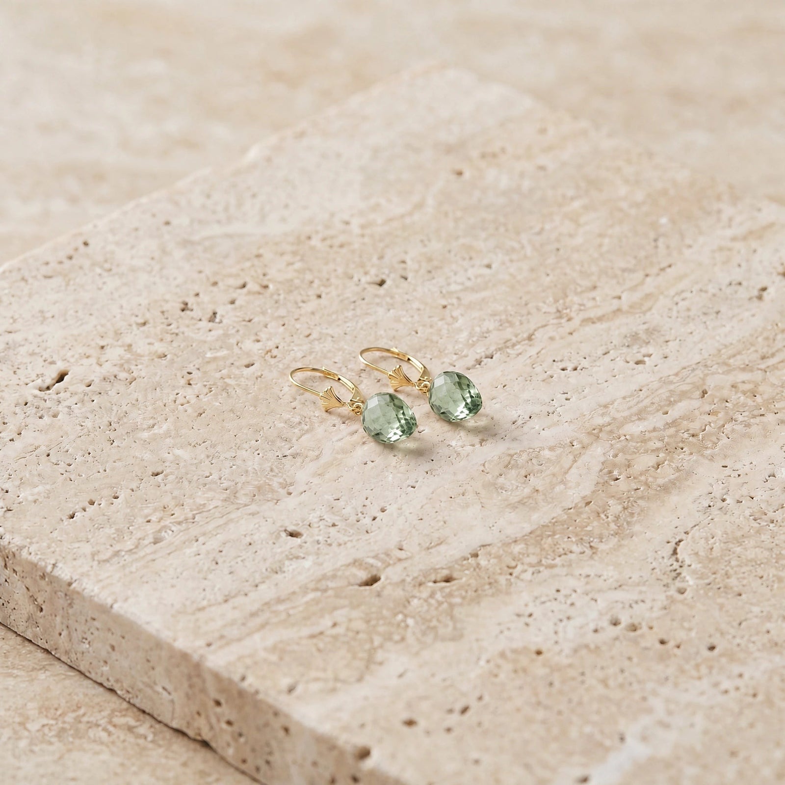 Yellow Gold Earrings Green Amethyst 10K — Ifigenia