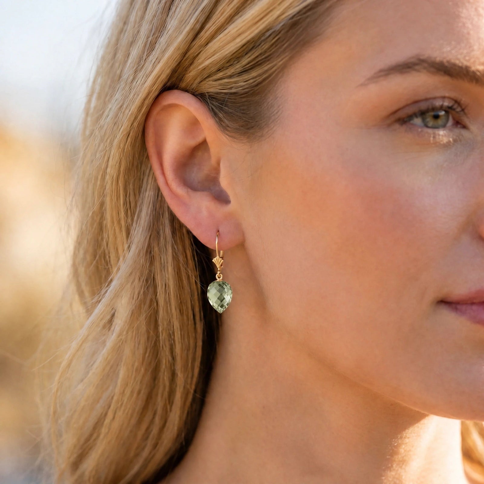 Yellow Gold Earrings Green Amethyst 10K — Ifigenia