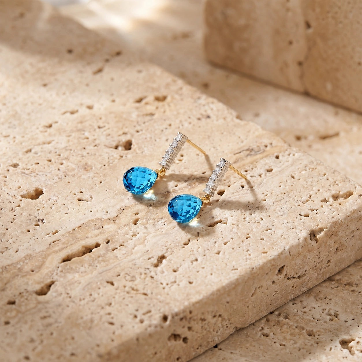Yellow Gold Earrings Blue Topaz 10K — Nerina