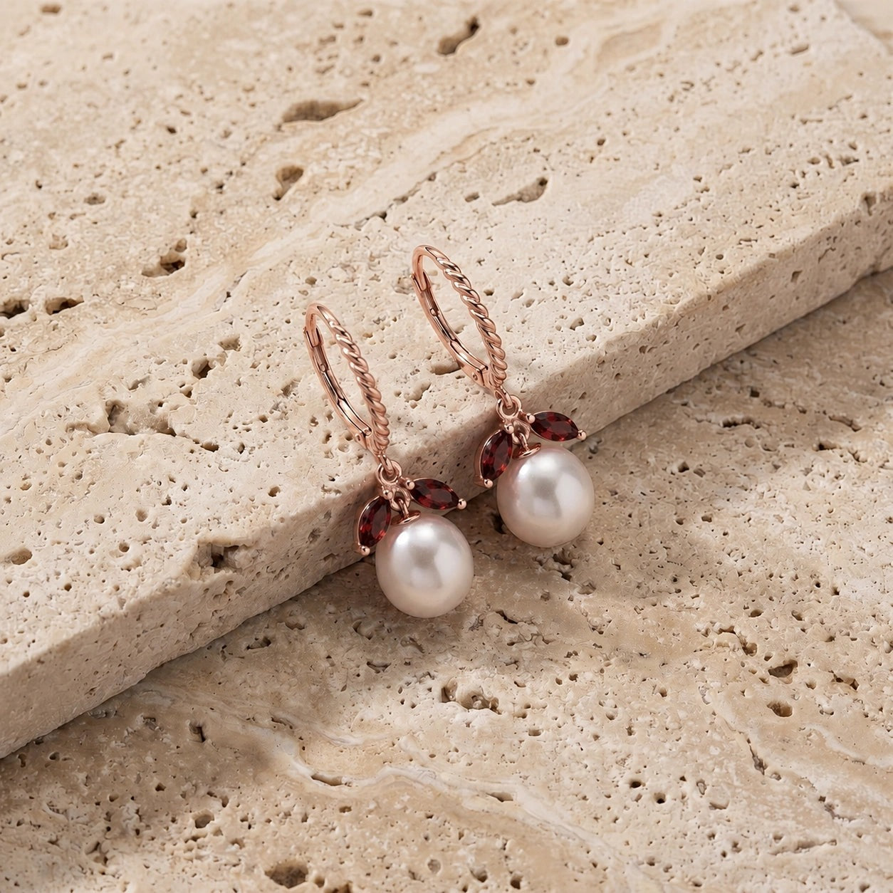 Rose Gold Leverback Earrings Garnet 10K — Argentina