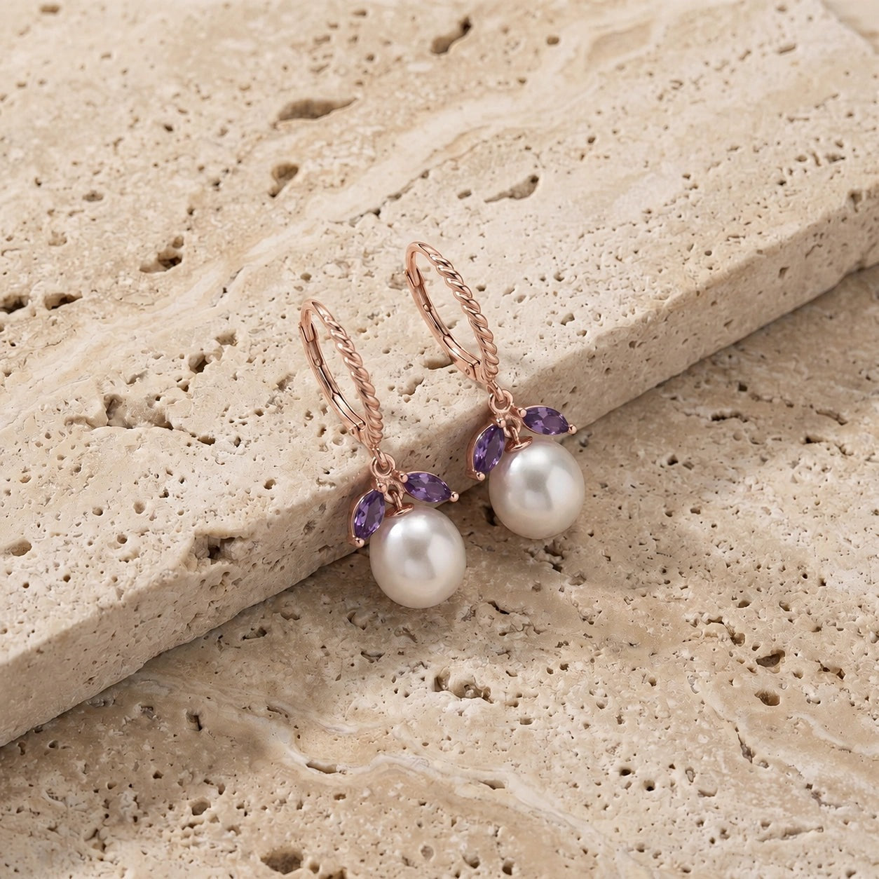 Rose Gold Leverback Earrings Amethyst 10K — Argentina