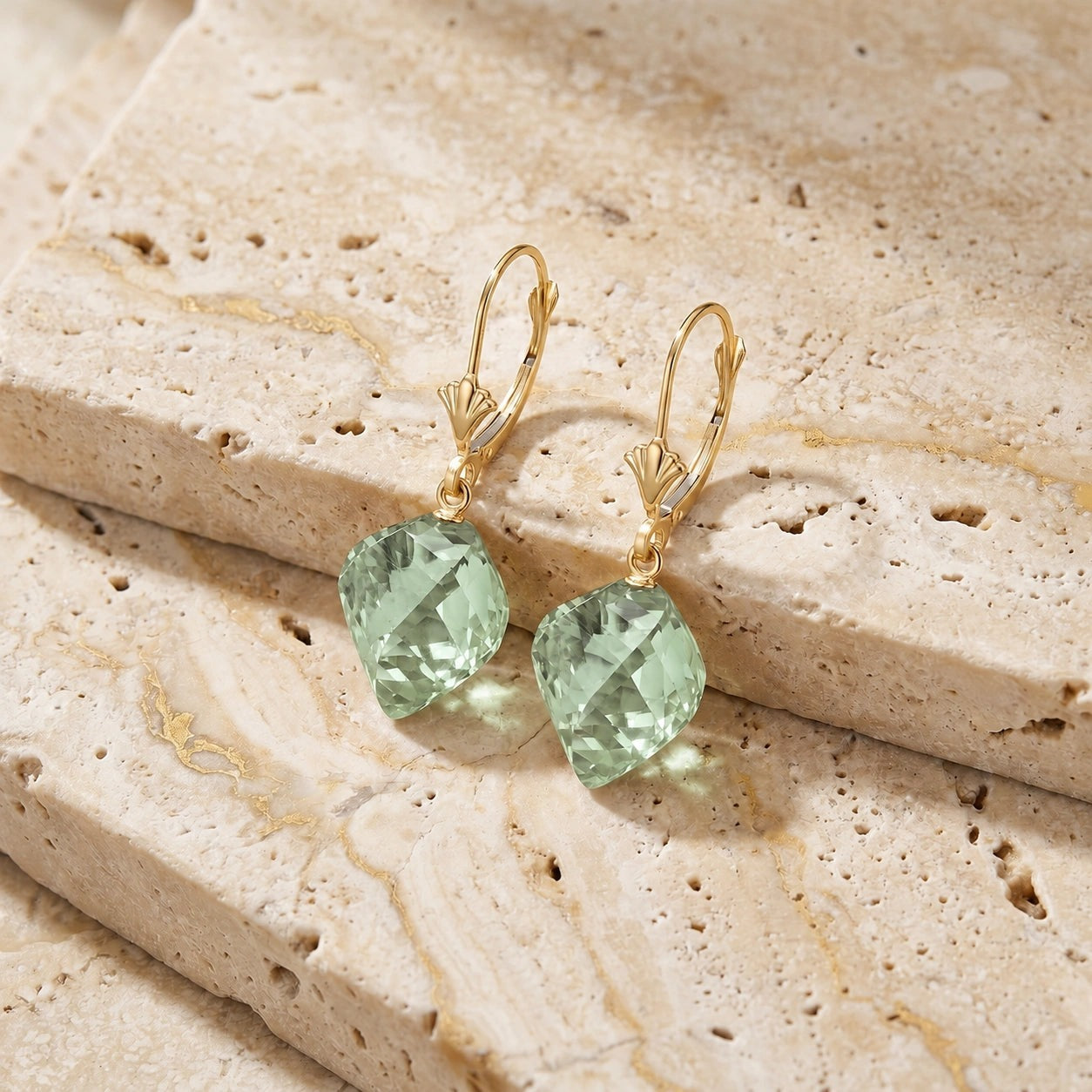 Yellow Gold Earrings Green Amethyst 10K — Ermenegilda