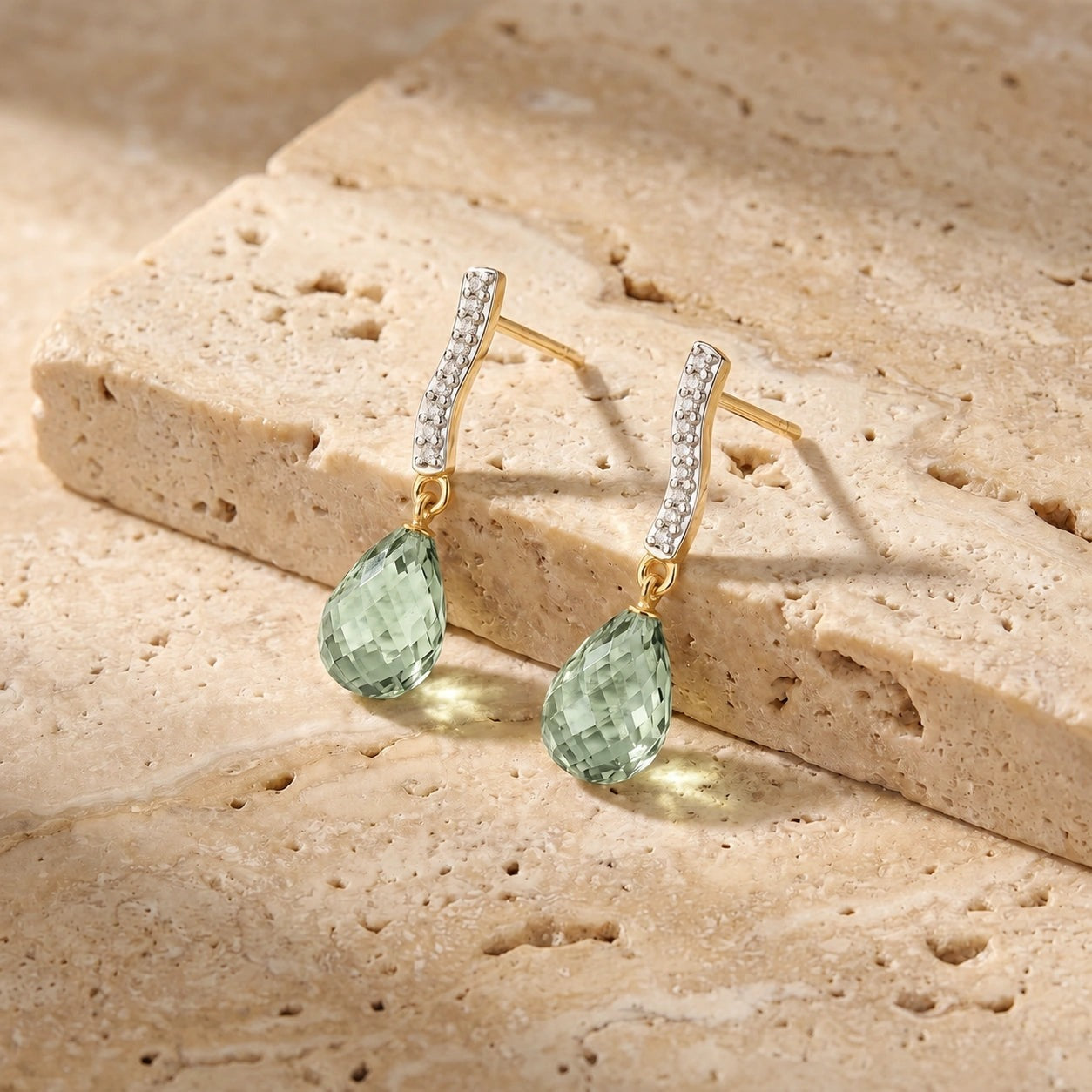 Yellow Gold Earrings Green Amethyst 10K — Dorotea
