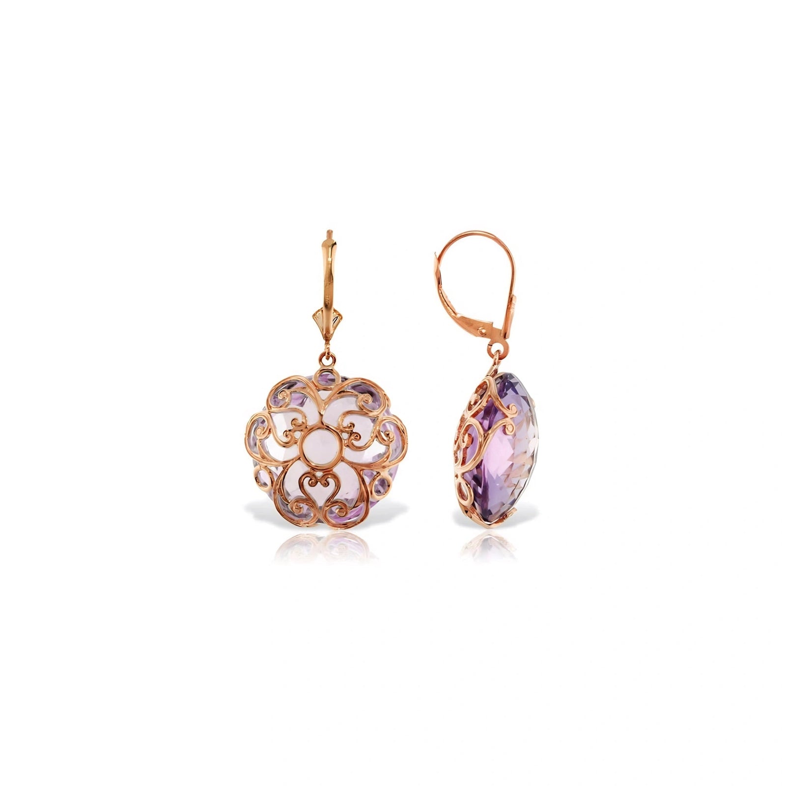 Rose Gold Rose Leverback Earrings Amethyst 10K — Marianna