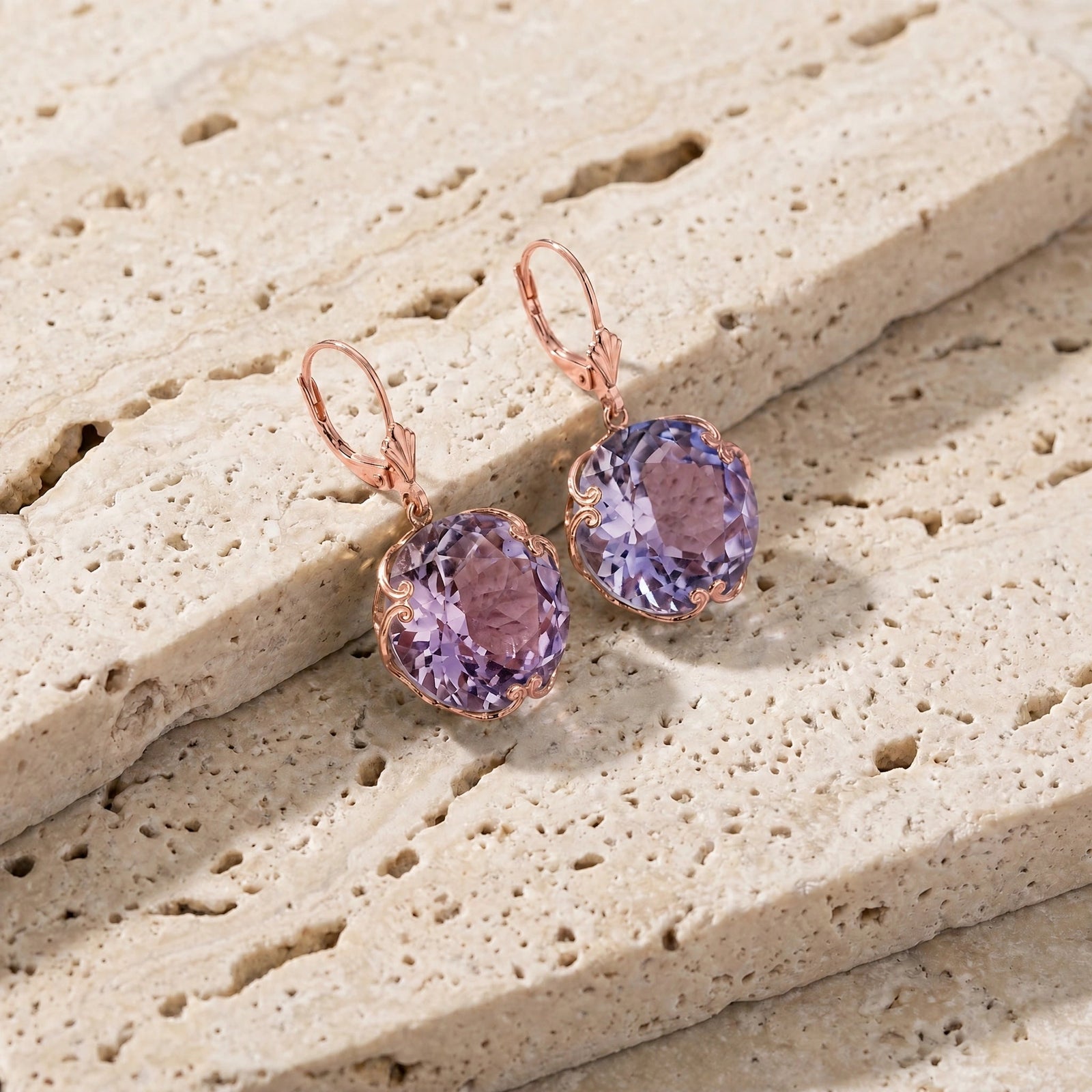 Rose Gold Rose Leverback Earrings Amethyst 10K — Marianna