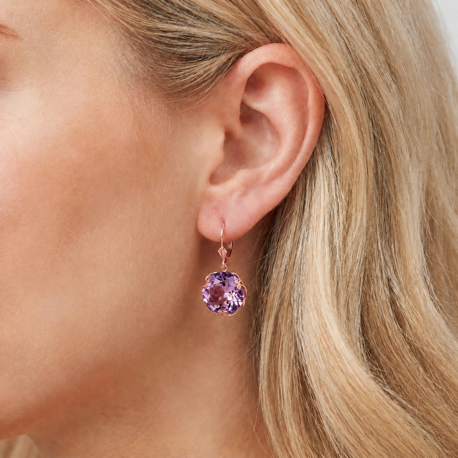 Rose Gold Rose Leverback Earrings Amethyst 10K — Marianna