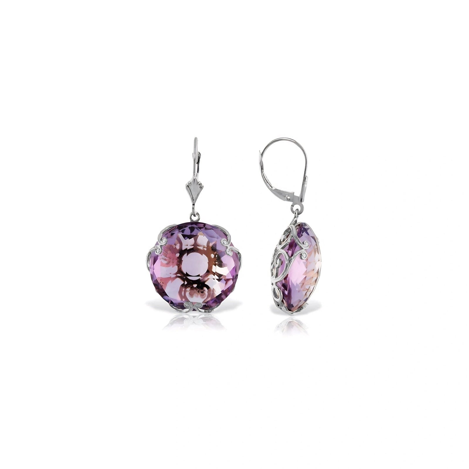 White Gold Rose Leverback Earrings Amethyst 10K — Marianna