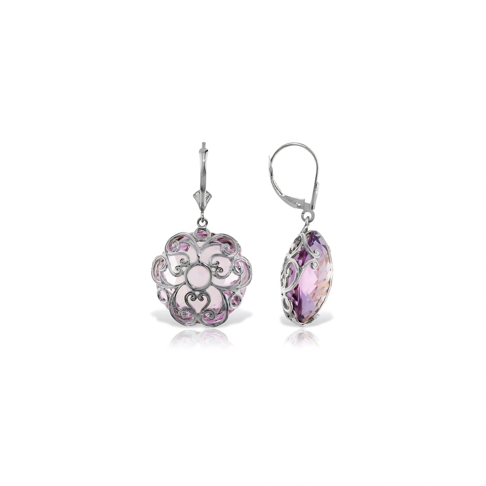 White Gold Rose Leverback Earrings Amethyst 10K — Marianna