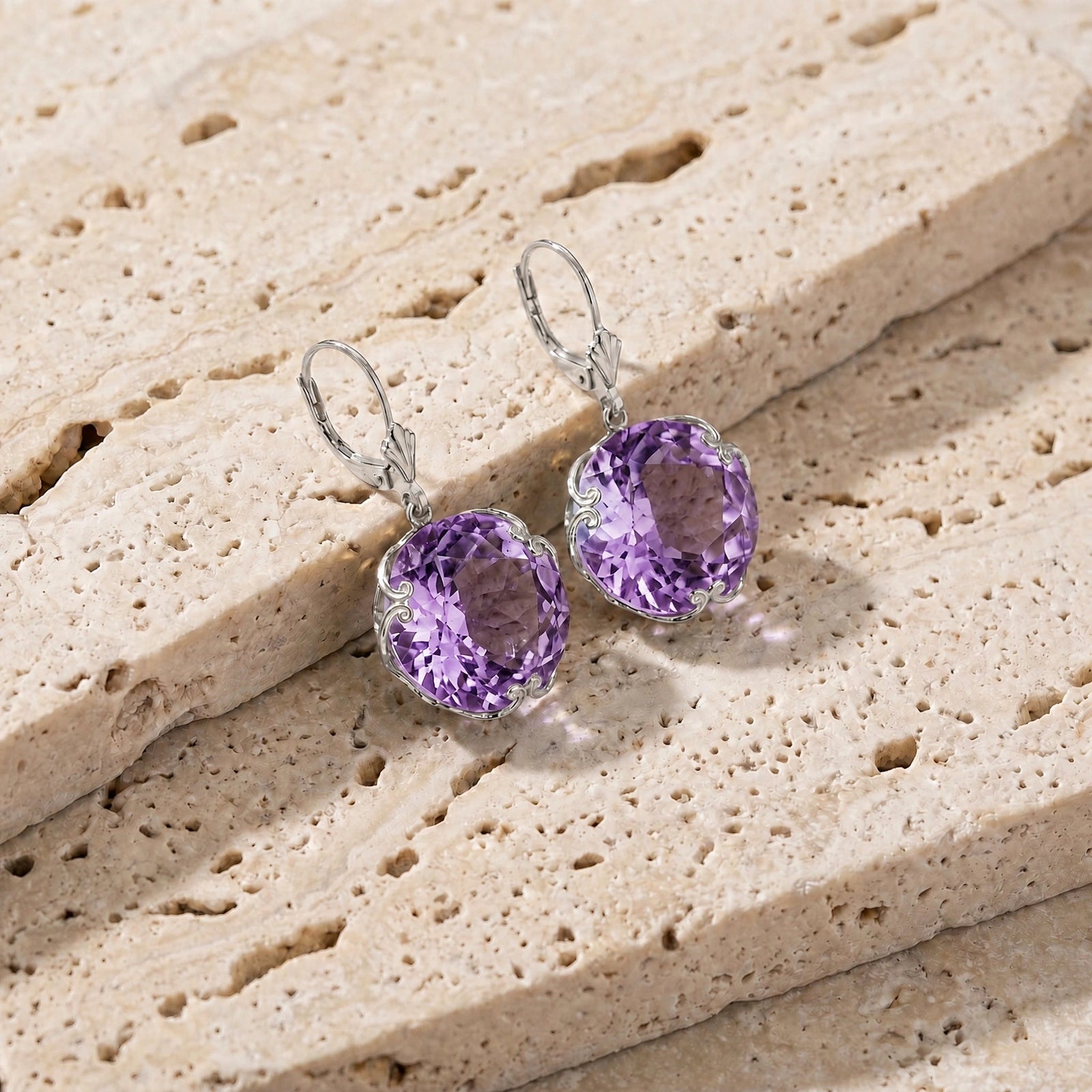 White Gold Rose Leverback Earrings Amethyst 10K — Marianna