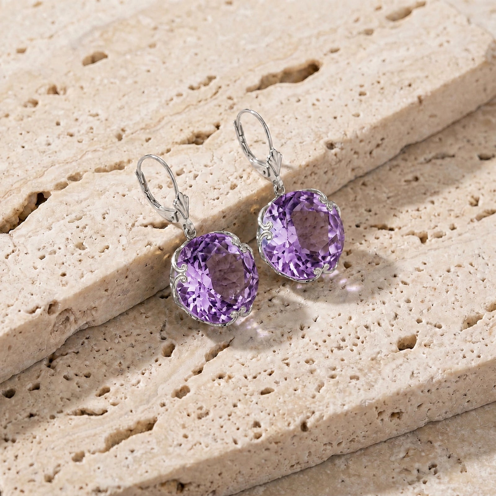 White Gold Rose Leverback Earrings Amethyst 10K — Marianna