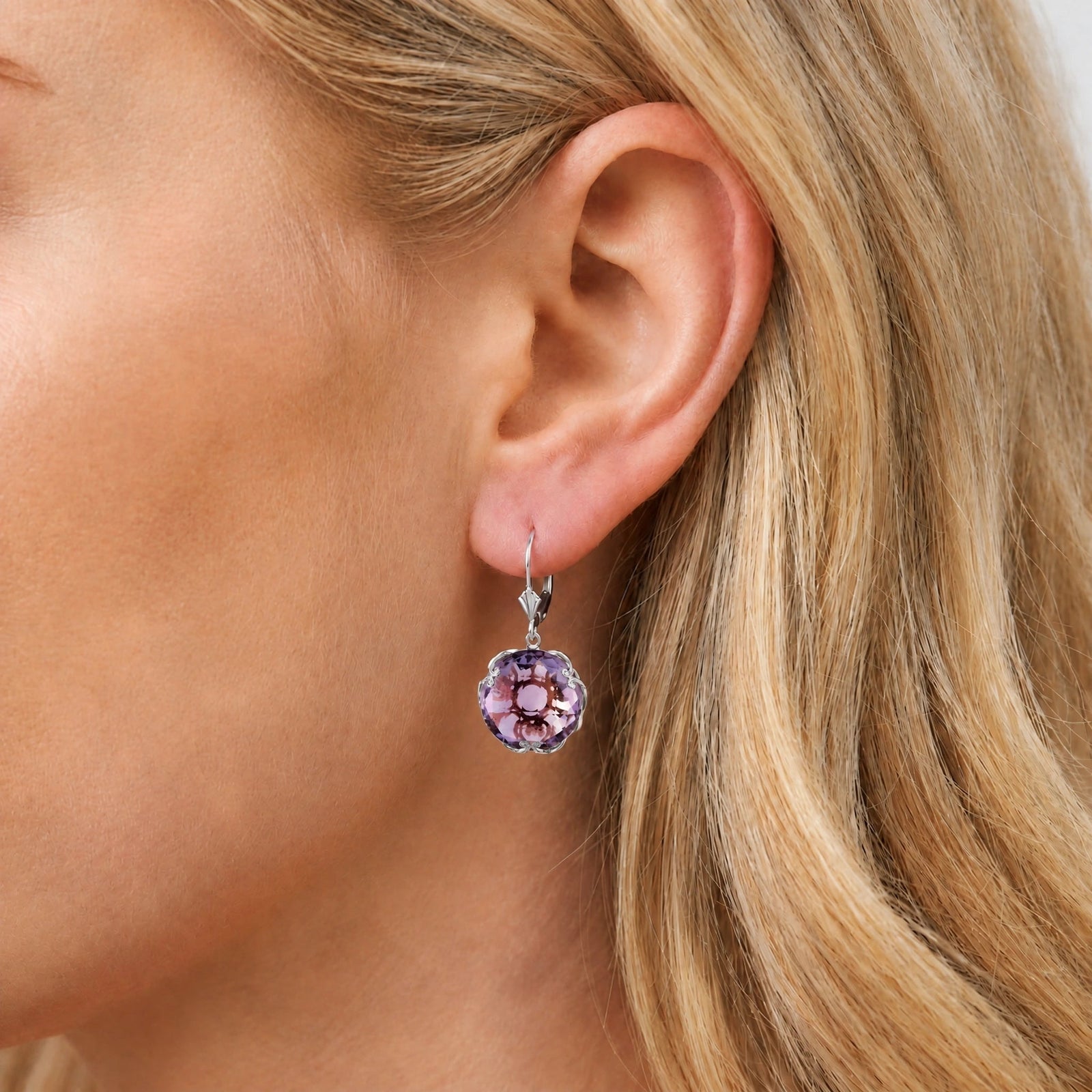 White Gold Rose Leverback Earrings Amethyst 10K — Marianna