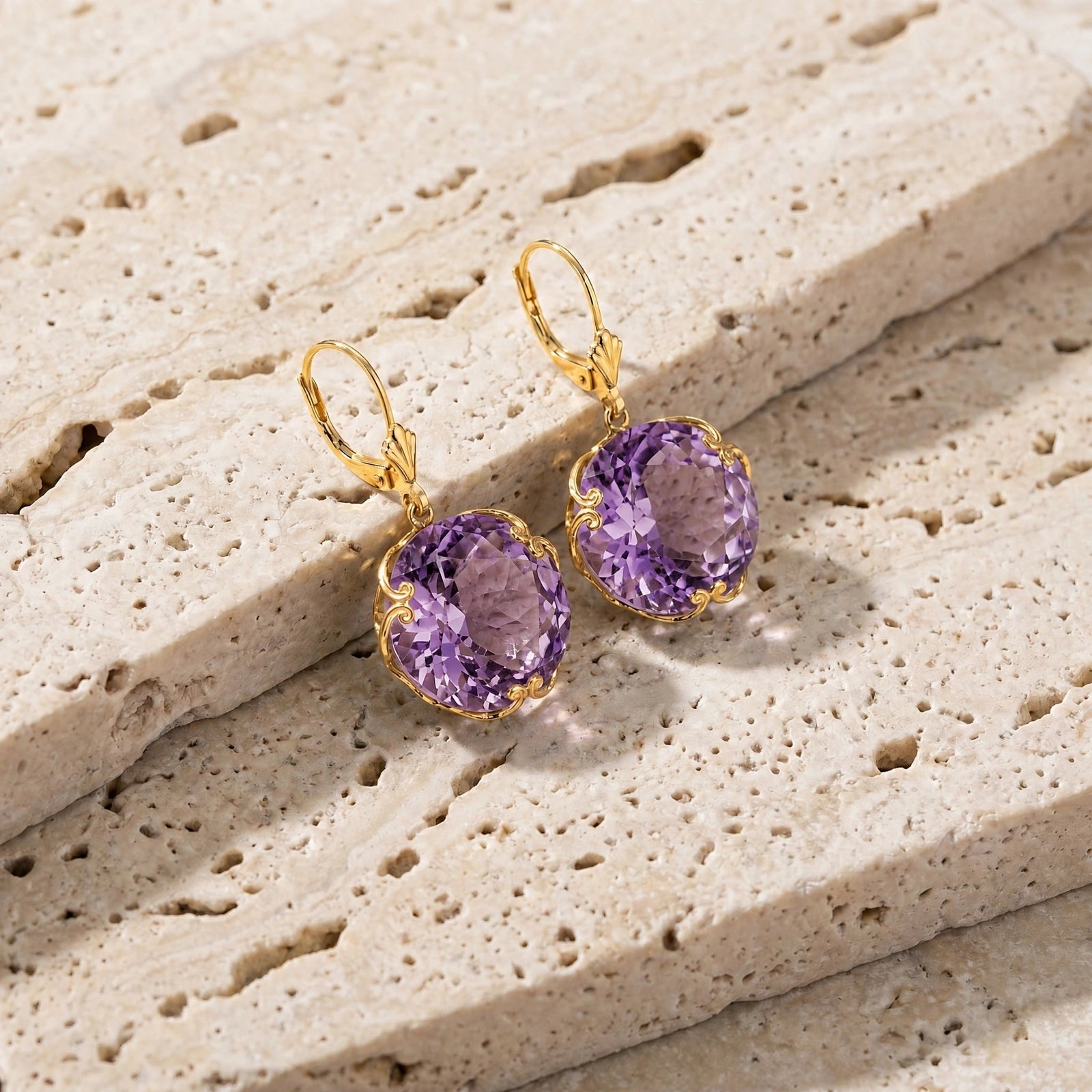 Yellow Gold Rose Leverback Earrings Amethyst 10K — Marianna