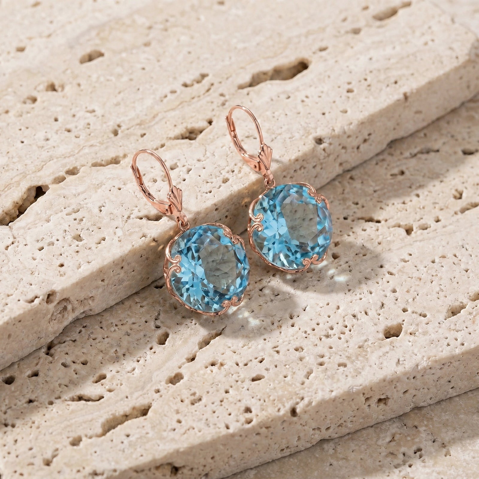 Rose Gold Rose Leverback Earrings Blue Topaz 10K — Marianna