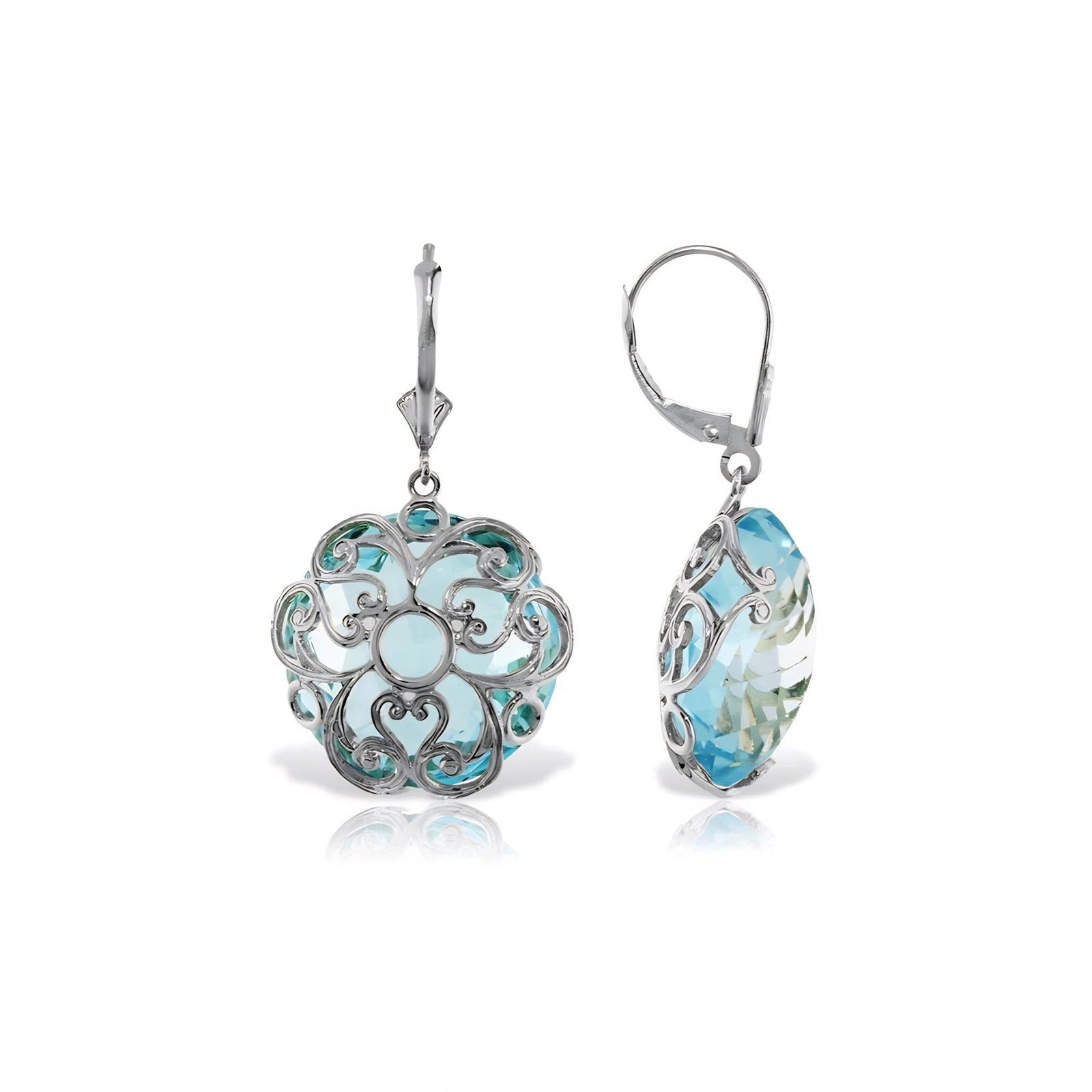 White Gold Rose Leverback Earrings Blue Topaz 10K — Marianna