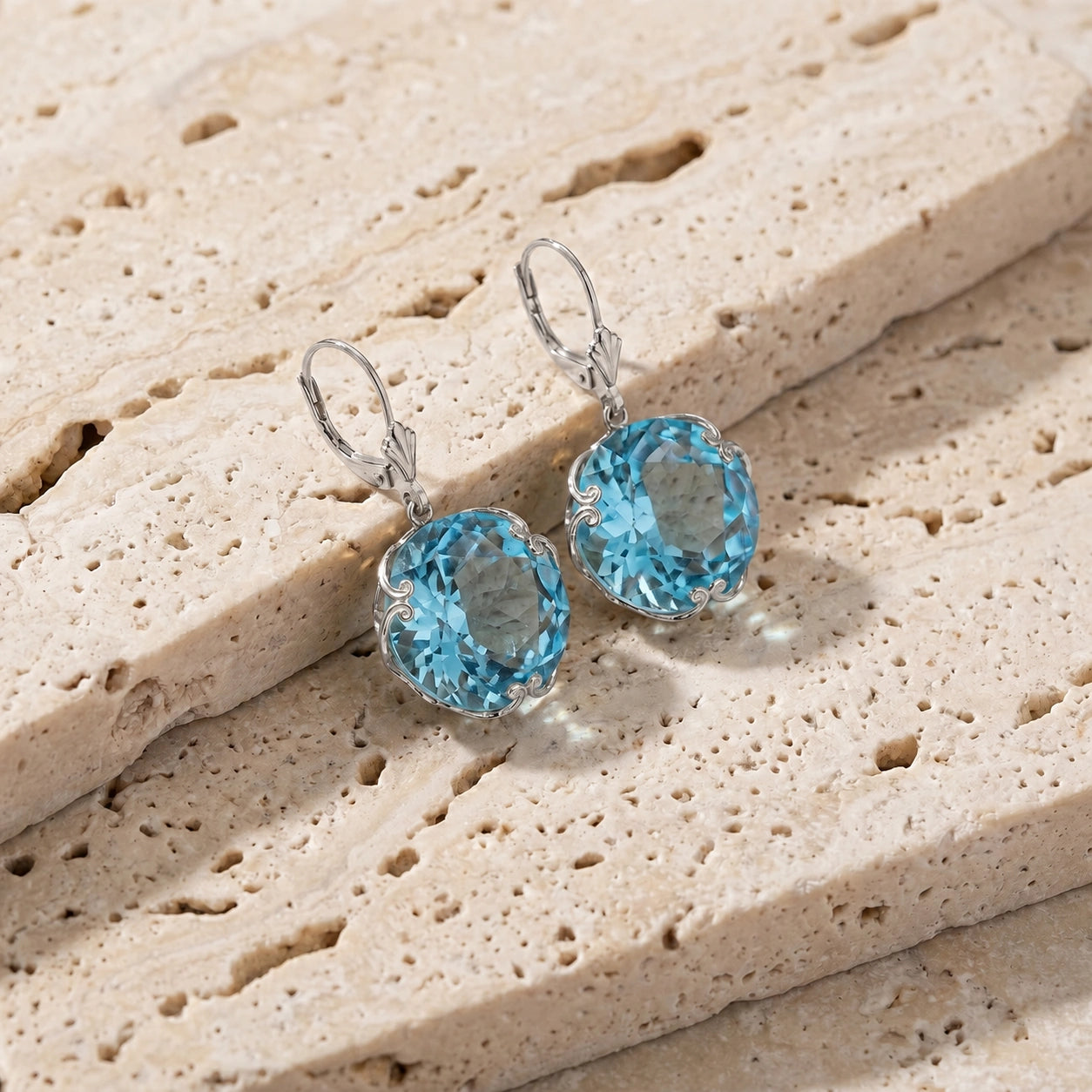 White Gold Rose Leverback Earrings Blue Topaz 10K — Marianna