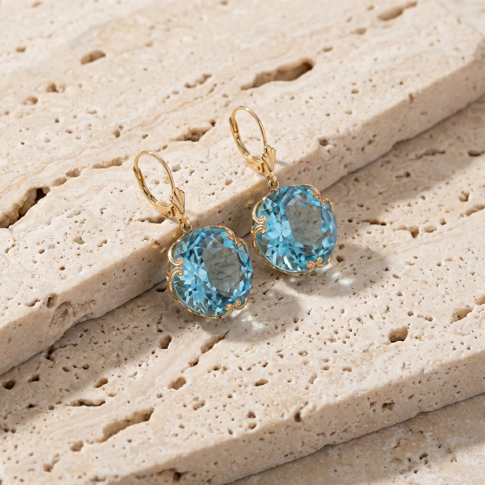 Yellow Gold Rose Leverback Earrings Blue Topaz 10K — Marianna