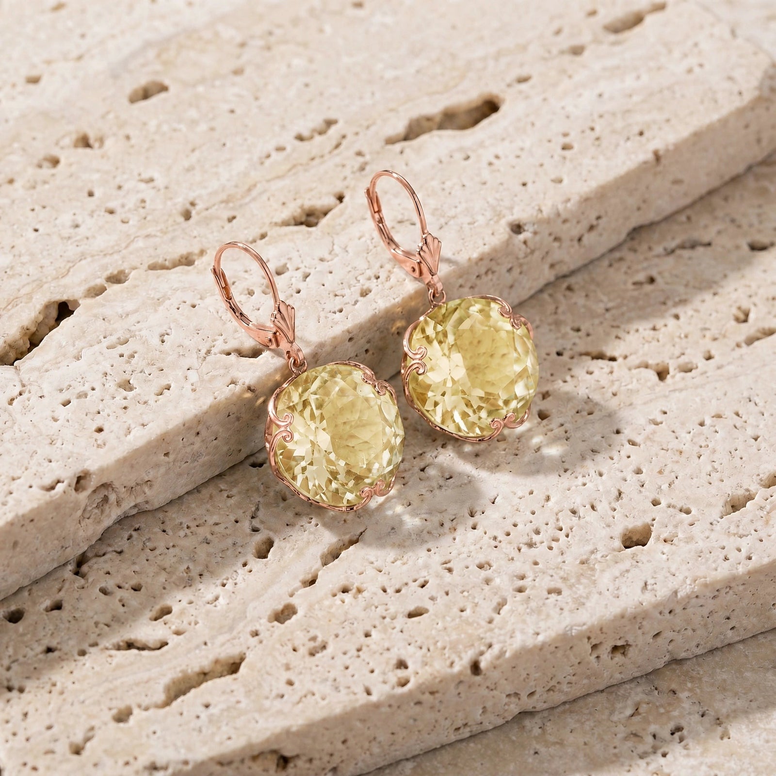 Rose Gold Rose Leverback Earrings Lemon Quartz 10K — Marianna