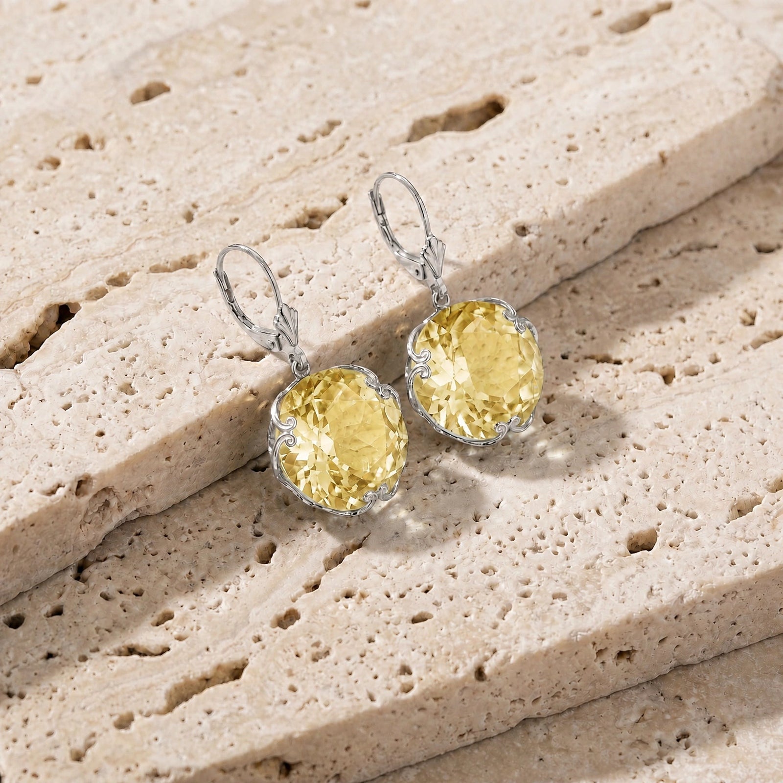 White Gold Rose Leverback Earrings Lemon Quartz 10K — Marianna