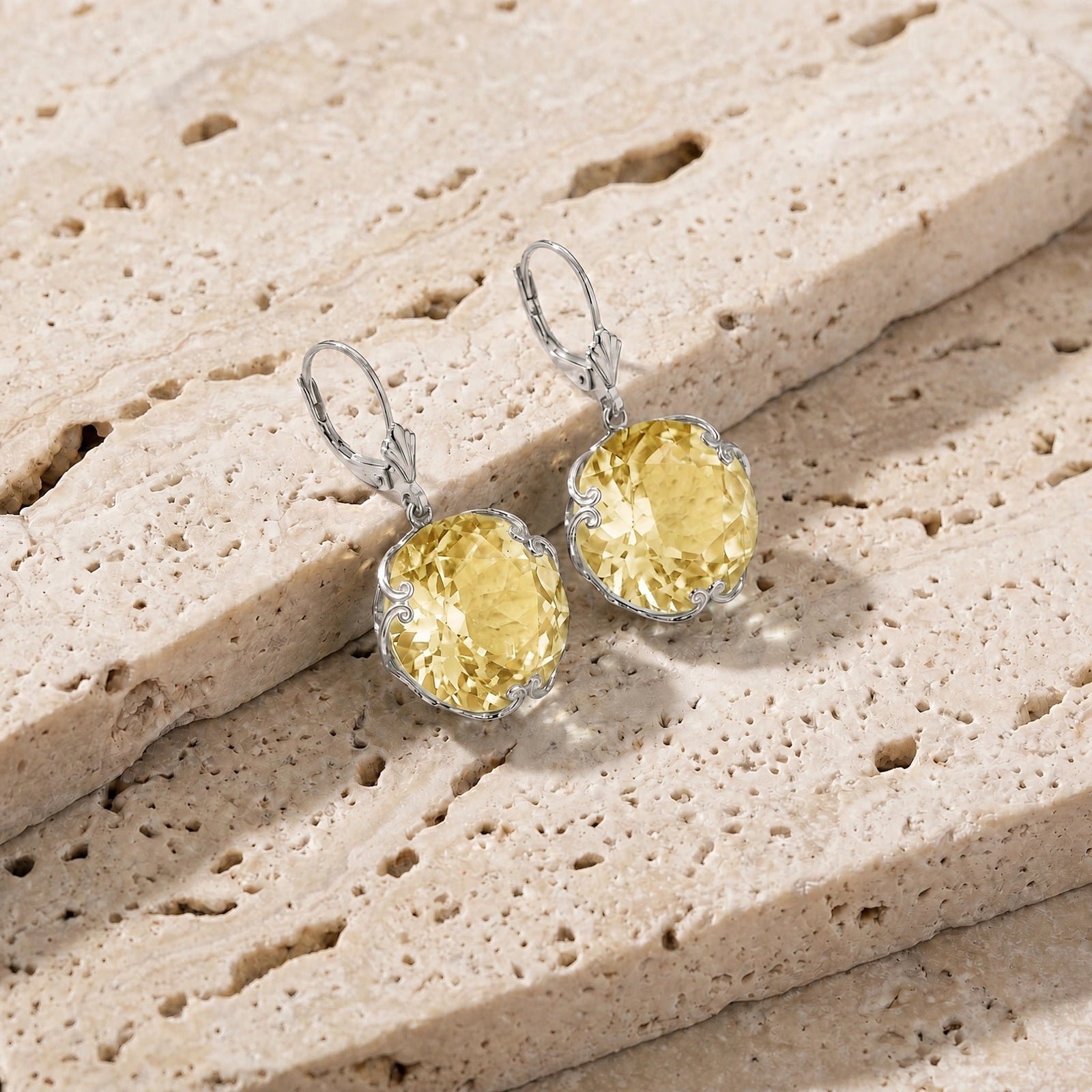 White Gold Rose Leverback Earrings Lemon Quartz 10K — Marianna