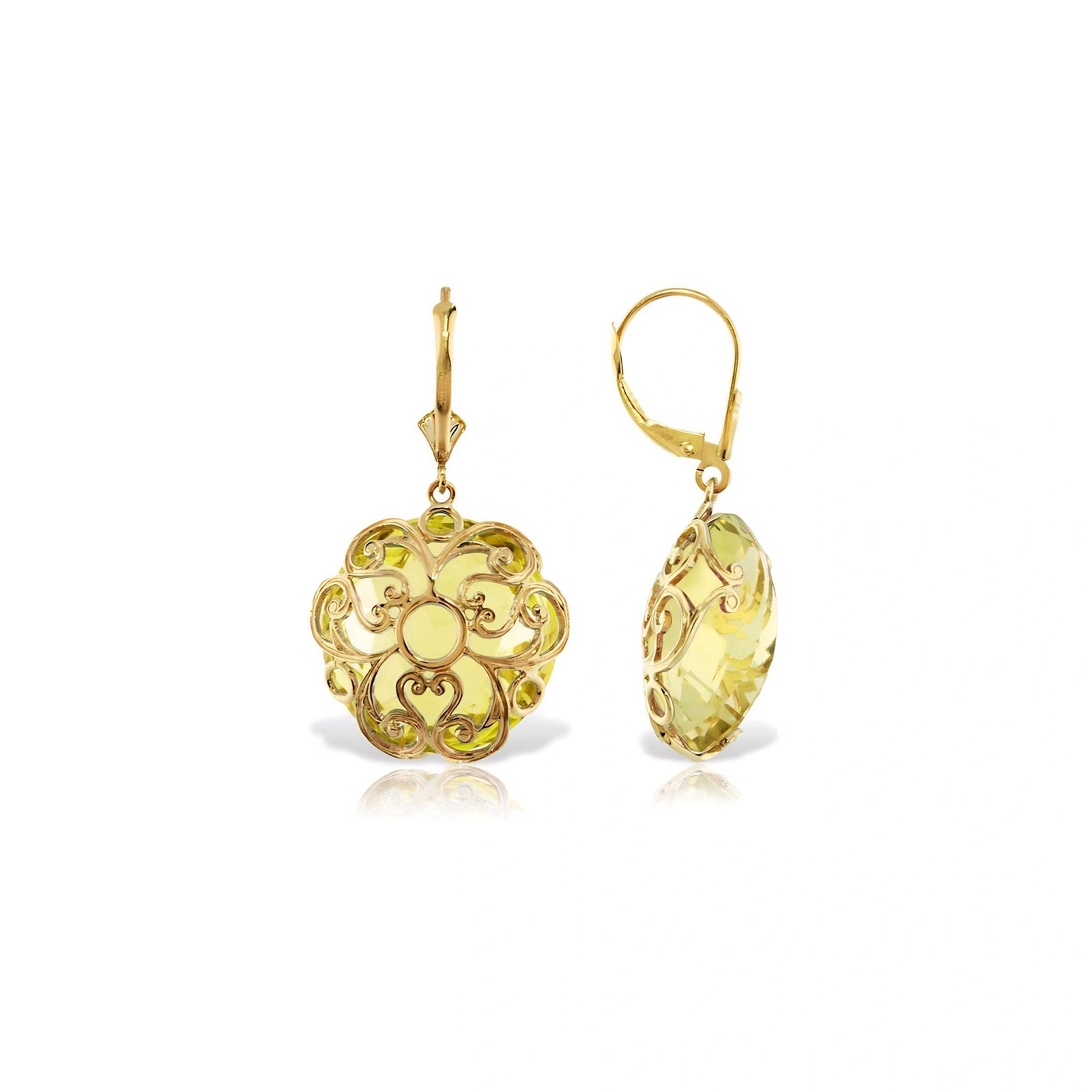 Yellow Gold Rose Leverback Earrings Lemon Quartz 10K — Marianna