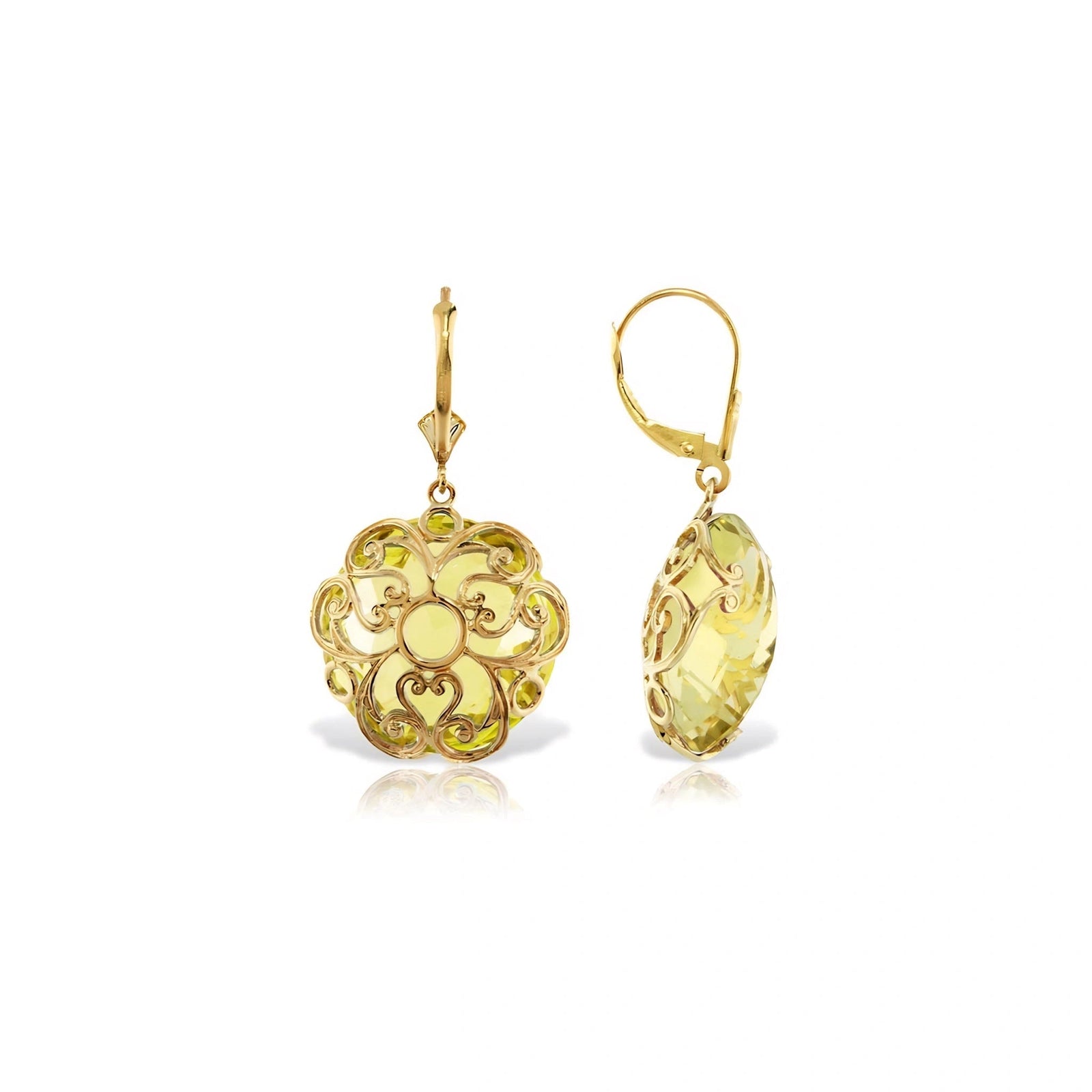 Yellow Gold Rose Leverback Earrings Lemon Quartz 10K — Marianna