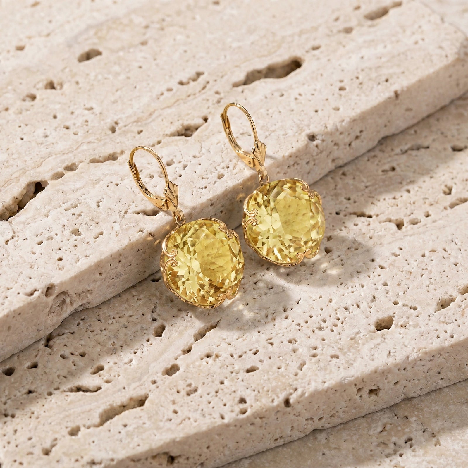 Yellow Gold Rose Leverback Earrings Lemon Quartz 10K — Marianna