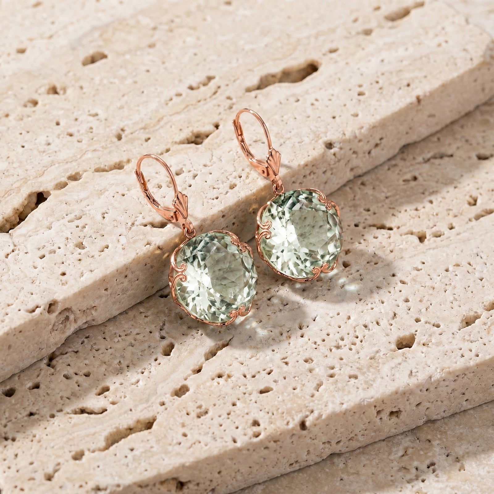Rose Gold Rose Leverback Earrings Green Amethyst 10K — Marianna