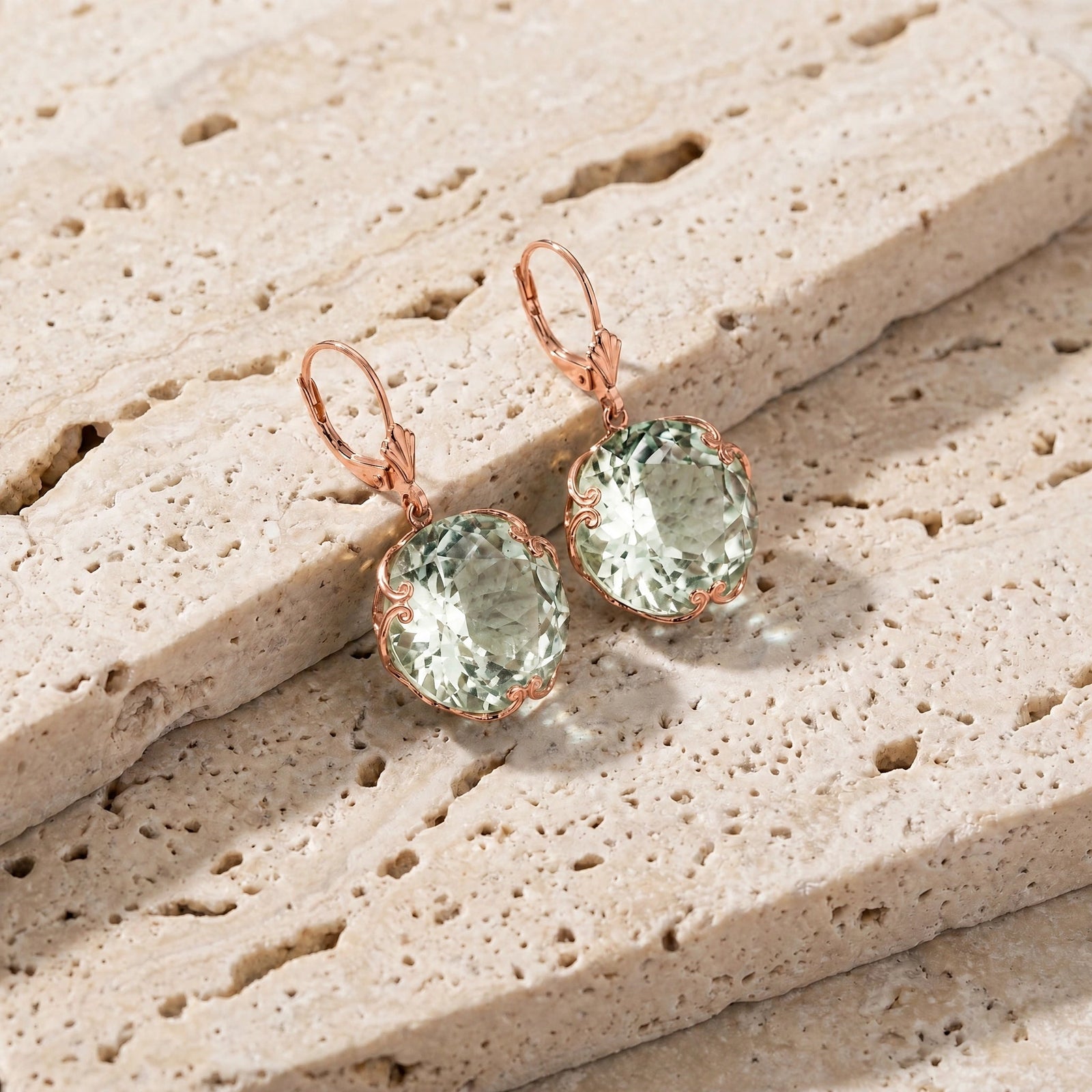 Rose Gold Rose Leverback Earrings Green Amethyst 10K — Marianna