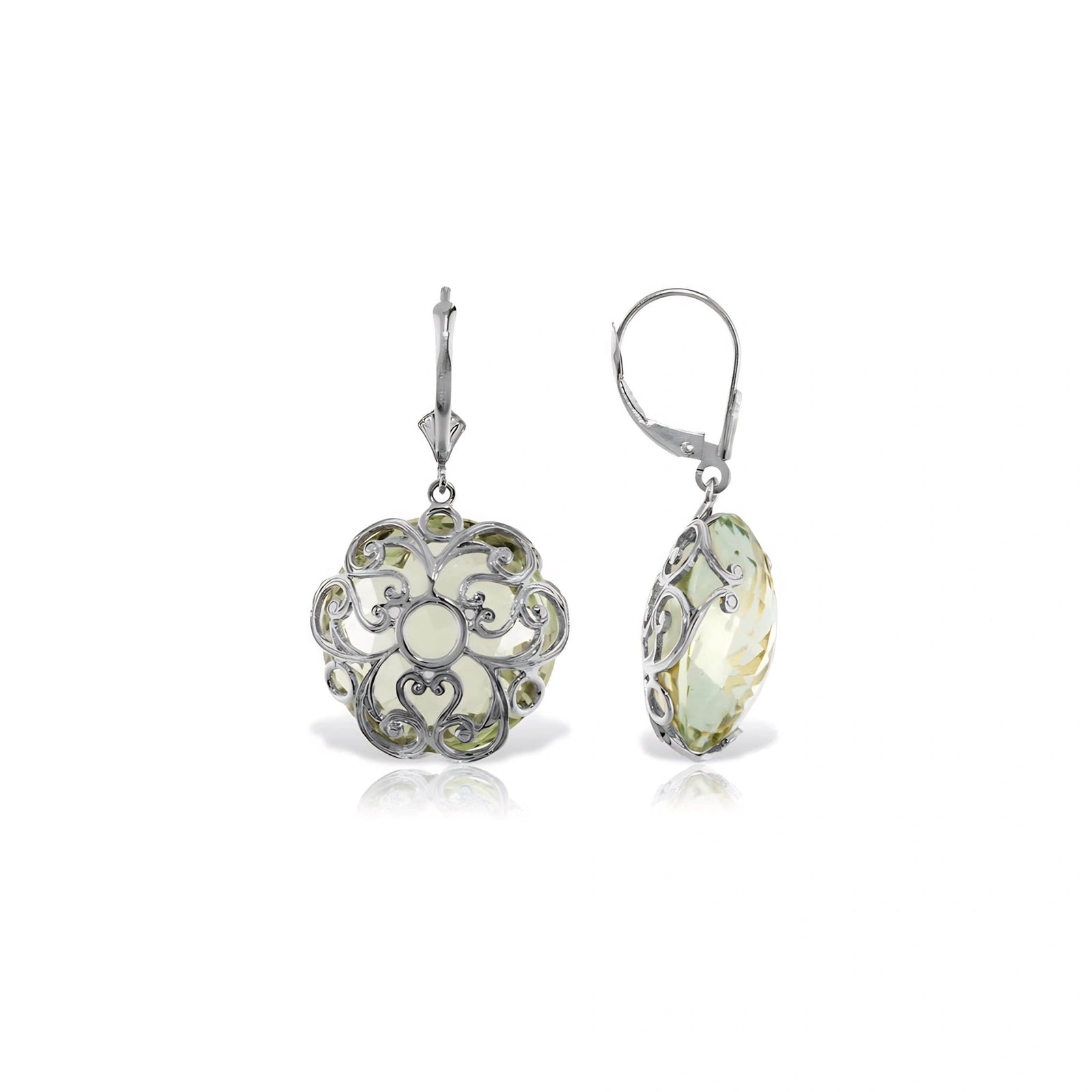 White Gold Rose Leverback Earrings Green Amethyst 10K — Marianna