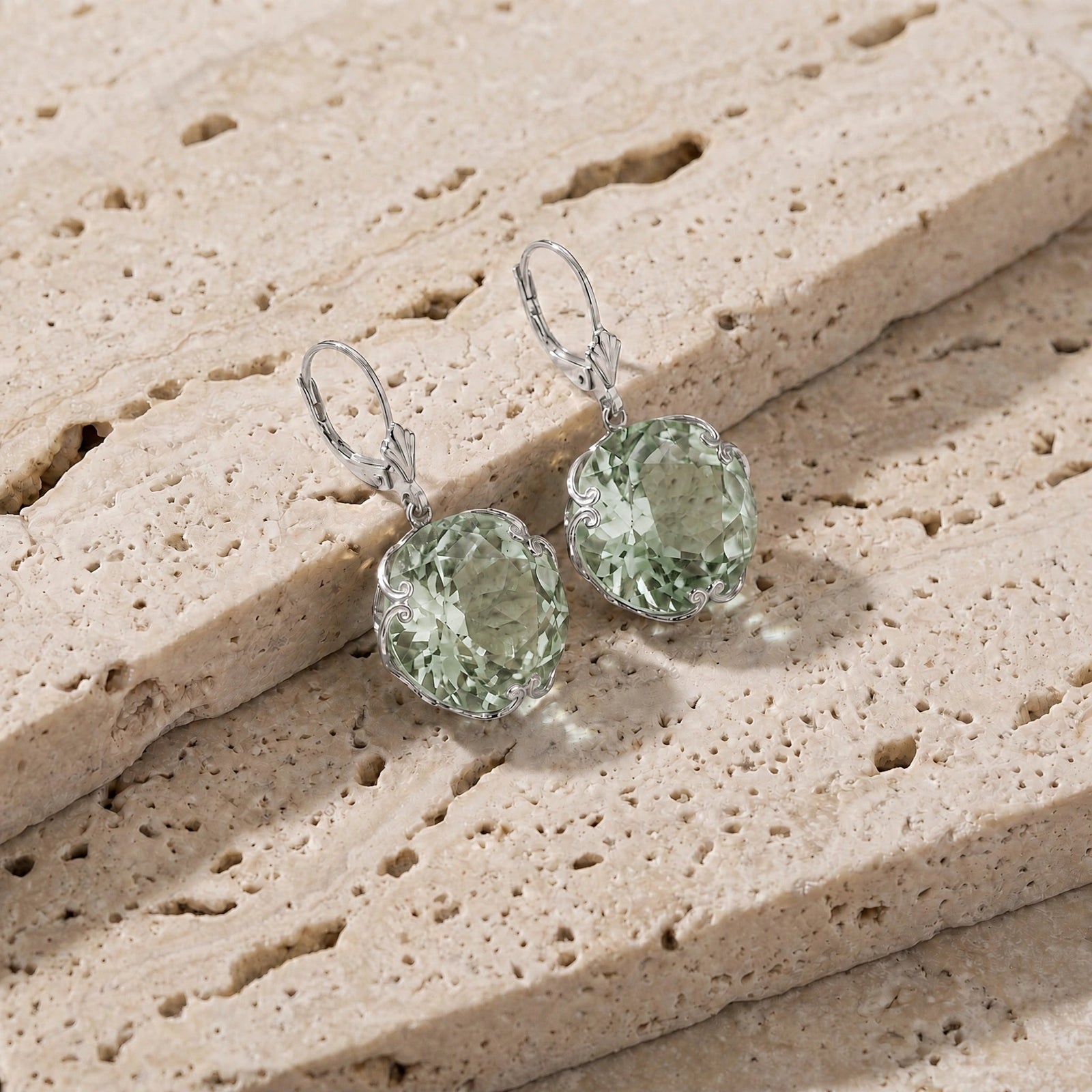 White Gold Rose Leverback Earrings Green Amethyst 10K — Marianna
