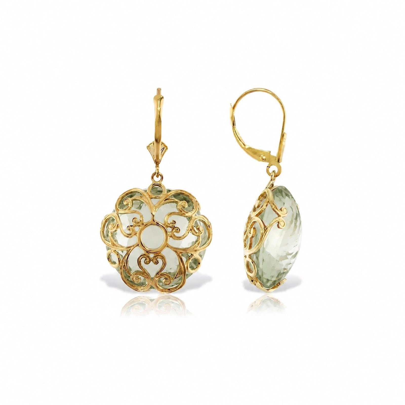 Yellow Gold Rose Leverback Earrings Green Amethyst 10K — Marianna