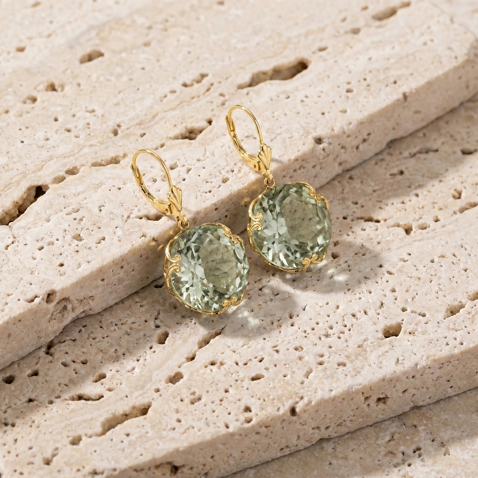 Yellow Gold Rose Leverback Earrings Green Amethyst 10K — Marianna