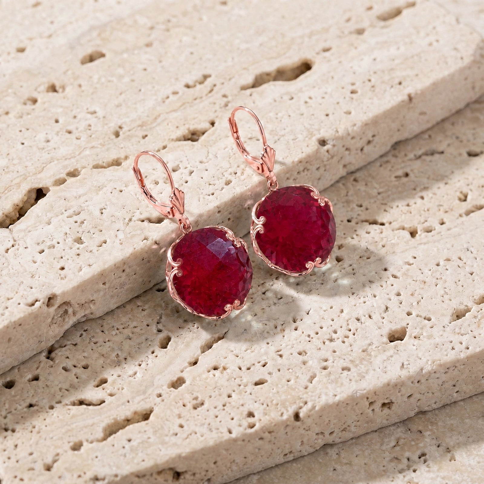 Rose Gold Rose Leverback Earrings Ruby 10K — Marianna